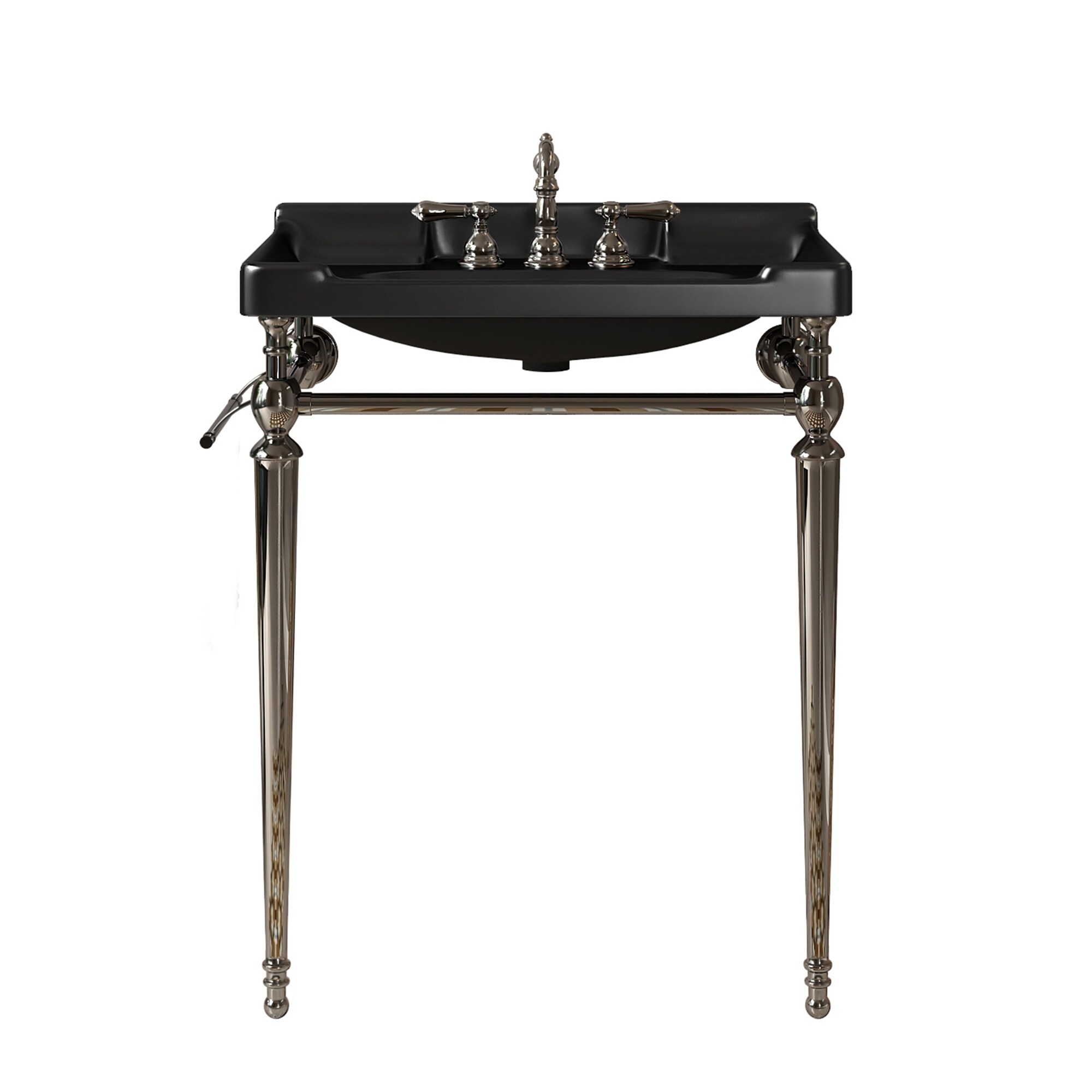 LIVACA 28 inch Black Ceramic Wall-Mounted Bathroom Console Sink with 3 Pre-drilled Faucet Holes and Stainless Steel Support Legs with Towel Bar