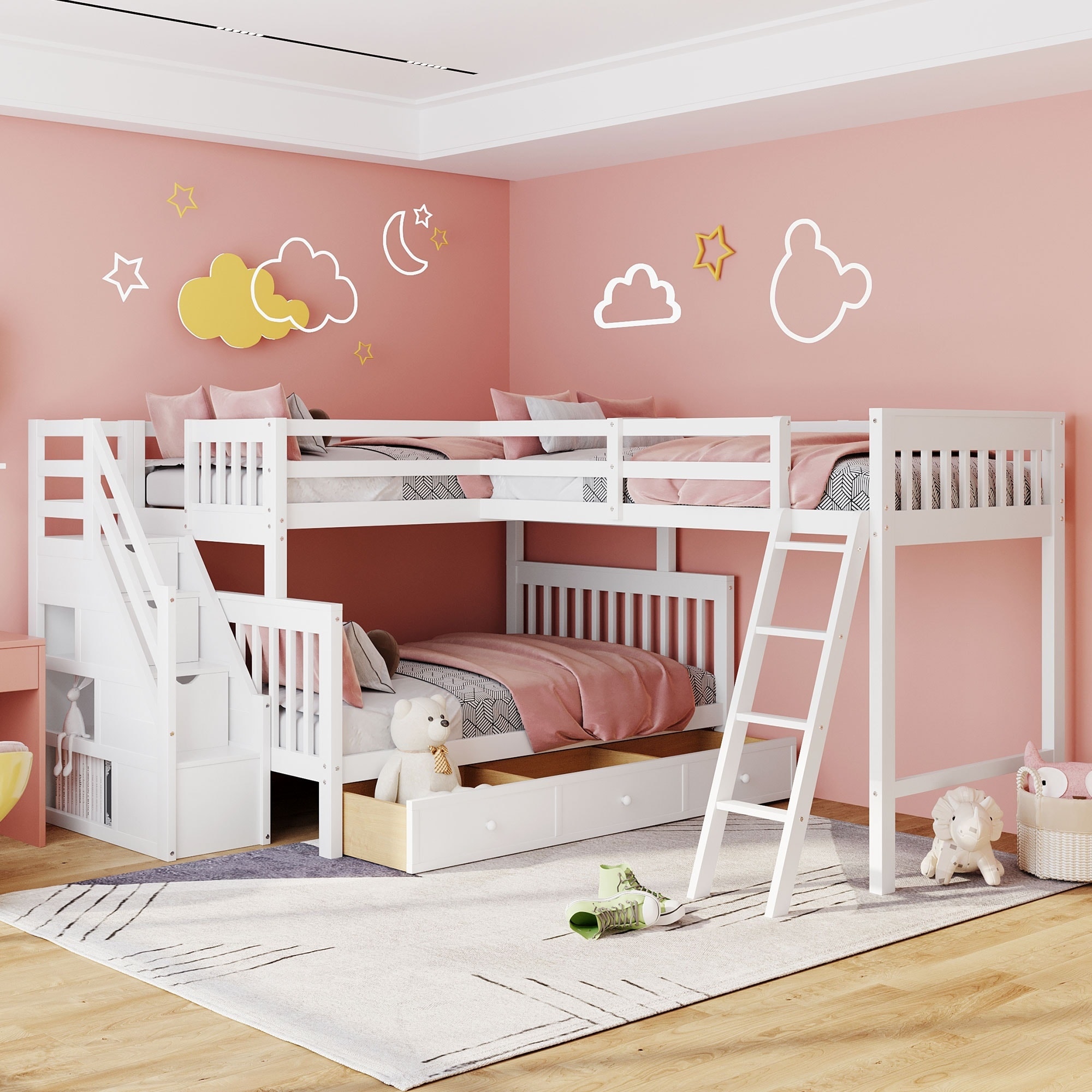 Horizons Prime 118 inch x 97 inch x 61 inch White Solid Wood L-Shaped Bunk Bed with 3 Drawers and Staircase Storage