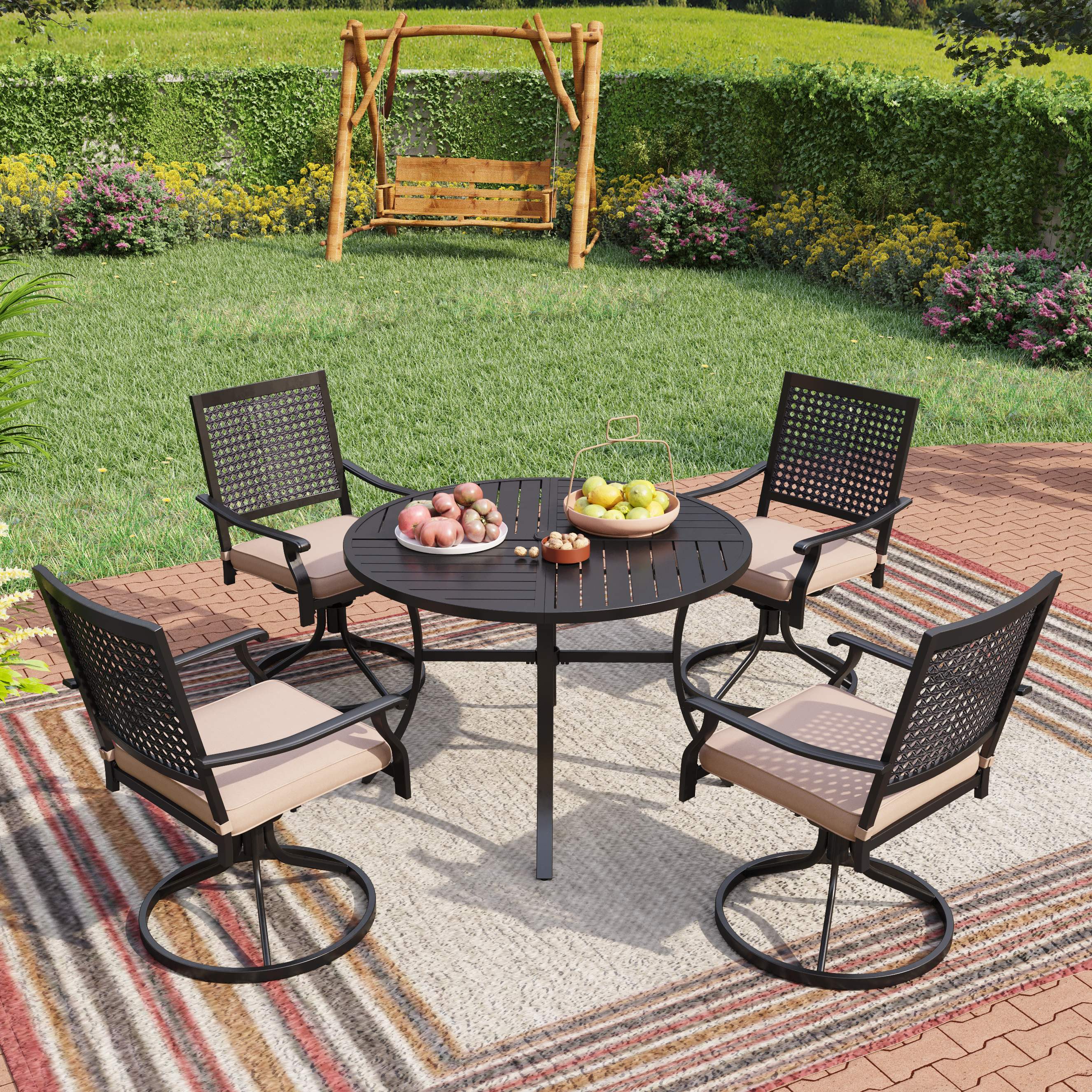 5-Piece Black Patio Dining Set Steel Round Table with 4 White Cushions ...