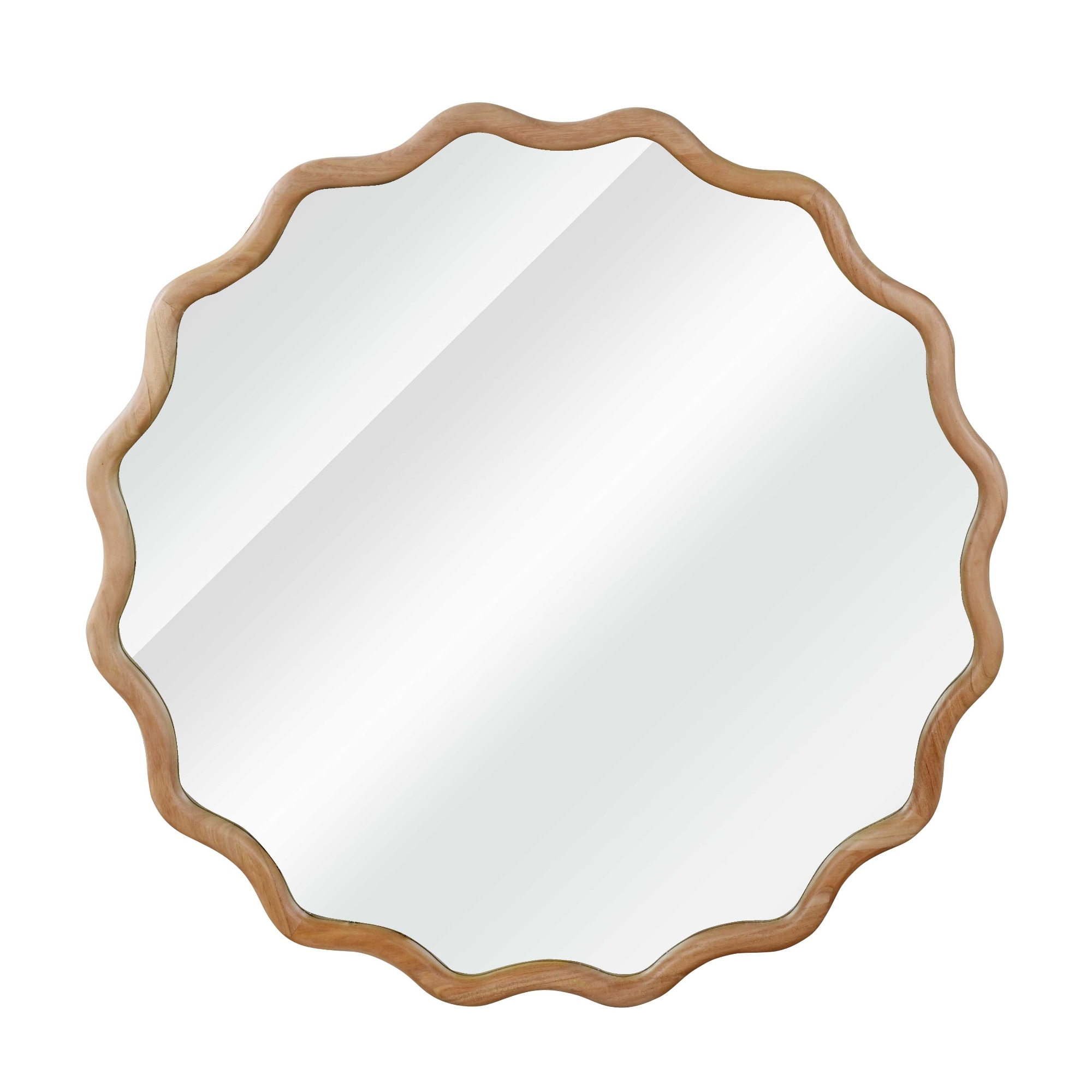 Wooakway 30-in W Natural Wood Wavy Round Wall Mirror Solid Wood Frame Decorative Bathroom Vanity Mirror with Tempered Glass for Bedroom Living Room  Entryway