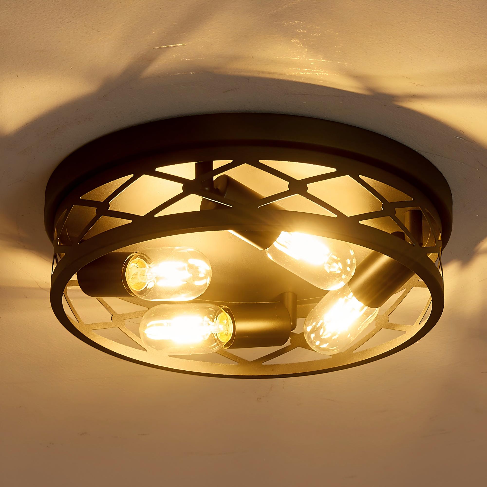 Zitrend 4-Light Matte Black Industrial Round Flush Mount Ceiling Light with Diamond Lattice Iron Cage 2-Pack for Hallway Kitchen and Bedroom