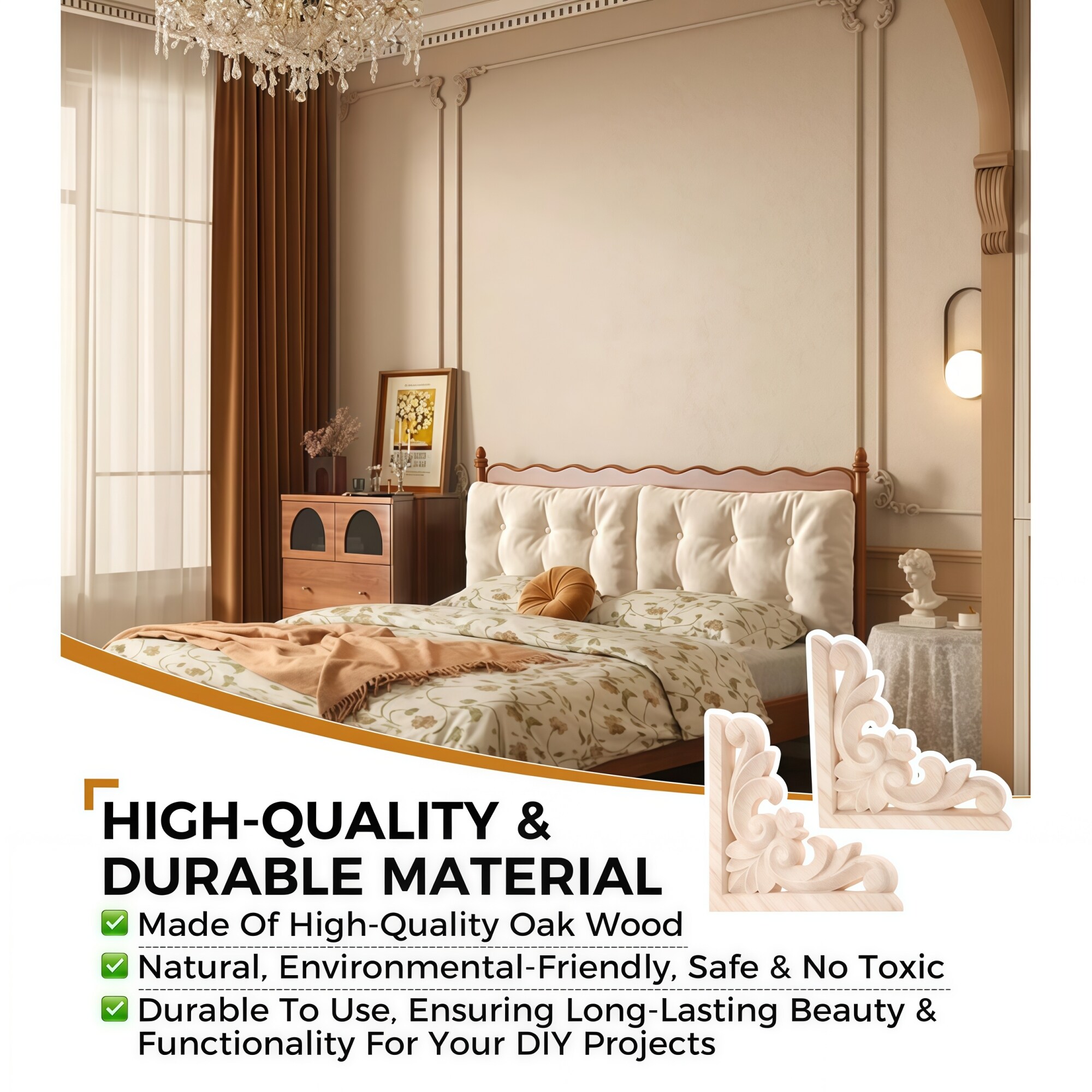 Numhew 3.15in 4 Piece Natural Wood Carved Corner Onlay Frame Decal in ...