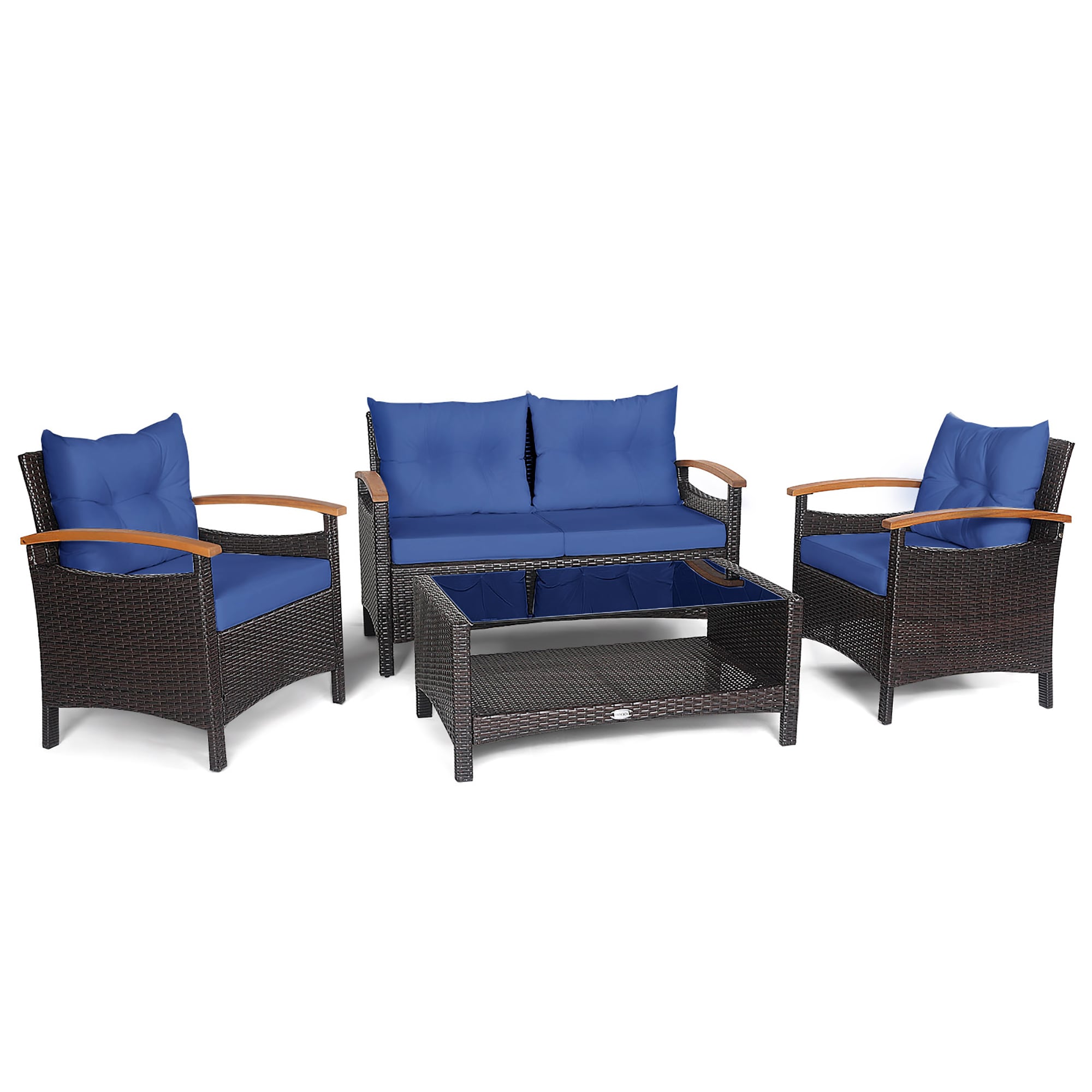 Costway 4-Piece Rattan Patio Conversation Set with Blue Cushions at ...