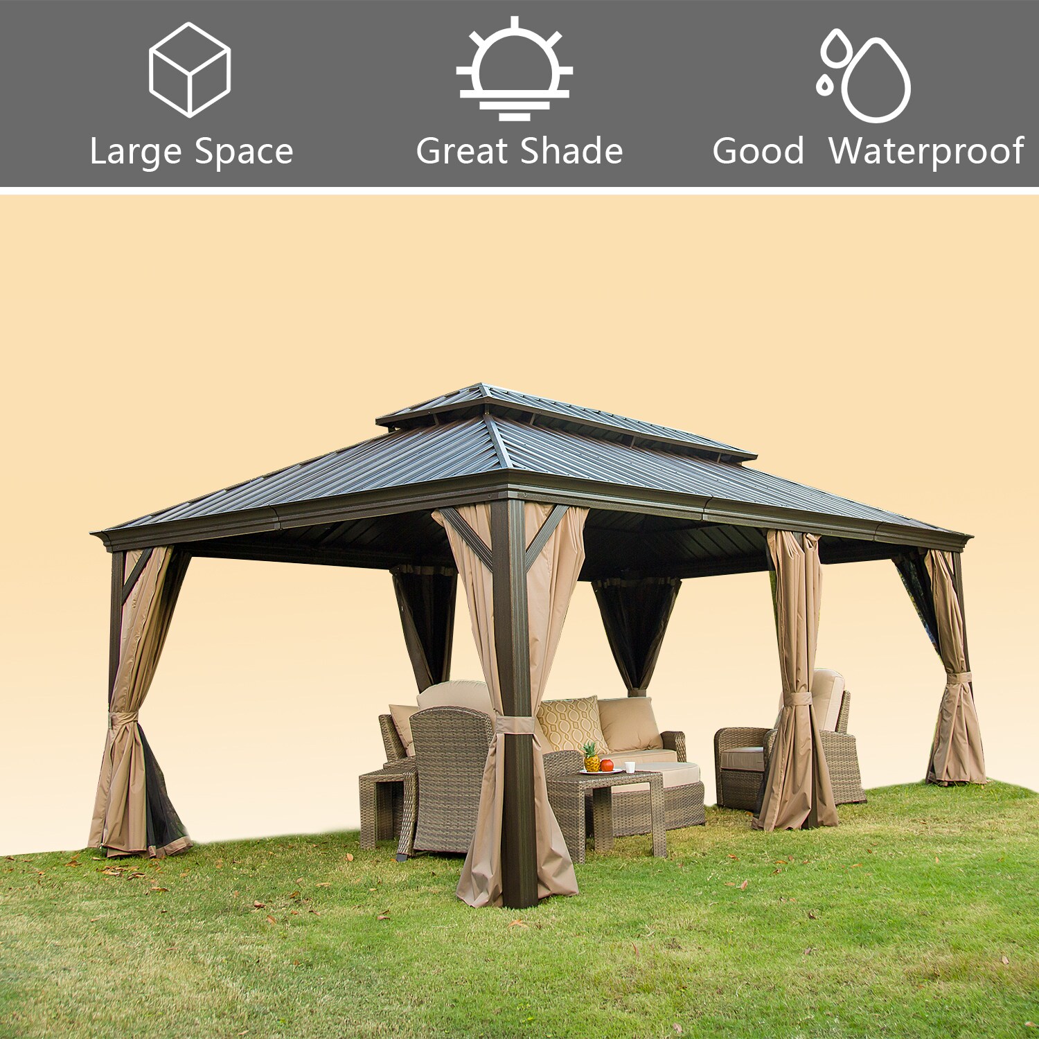 BANSA ROSE 12-ft x 20-ft Rectangle Gray Metal Steel Roof Grill Gazebo ...