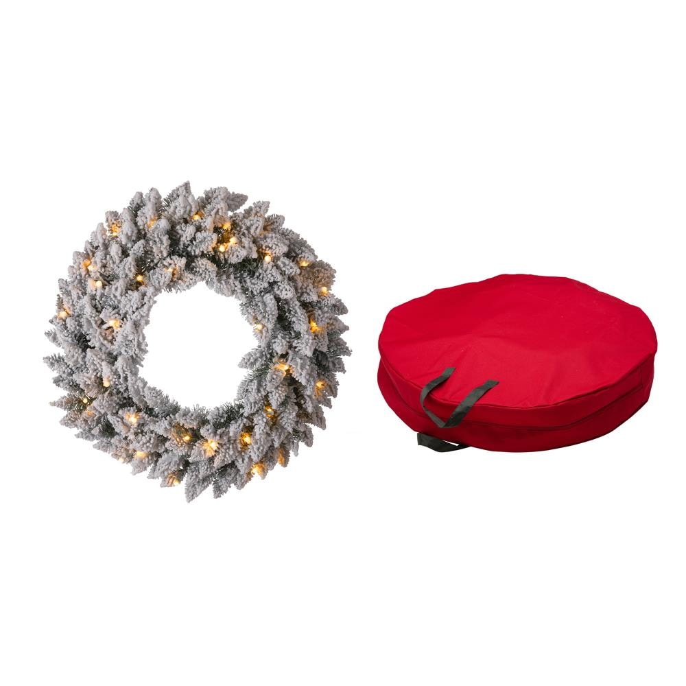 Glitzhome 2010000016 24-in Flocked Pre-lit Indoor Battery-operated Multi Pine Artificial Christmas Wreath