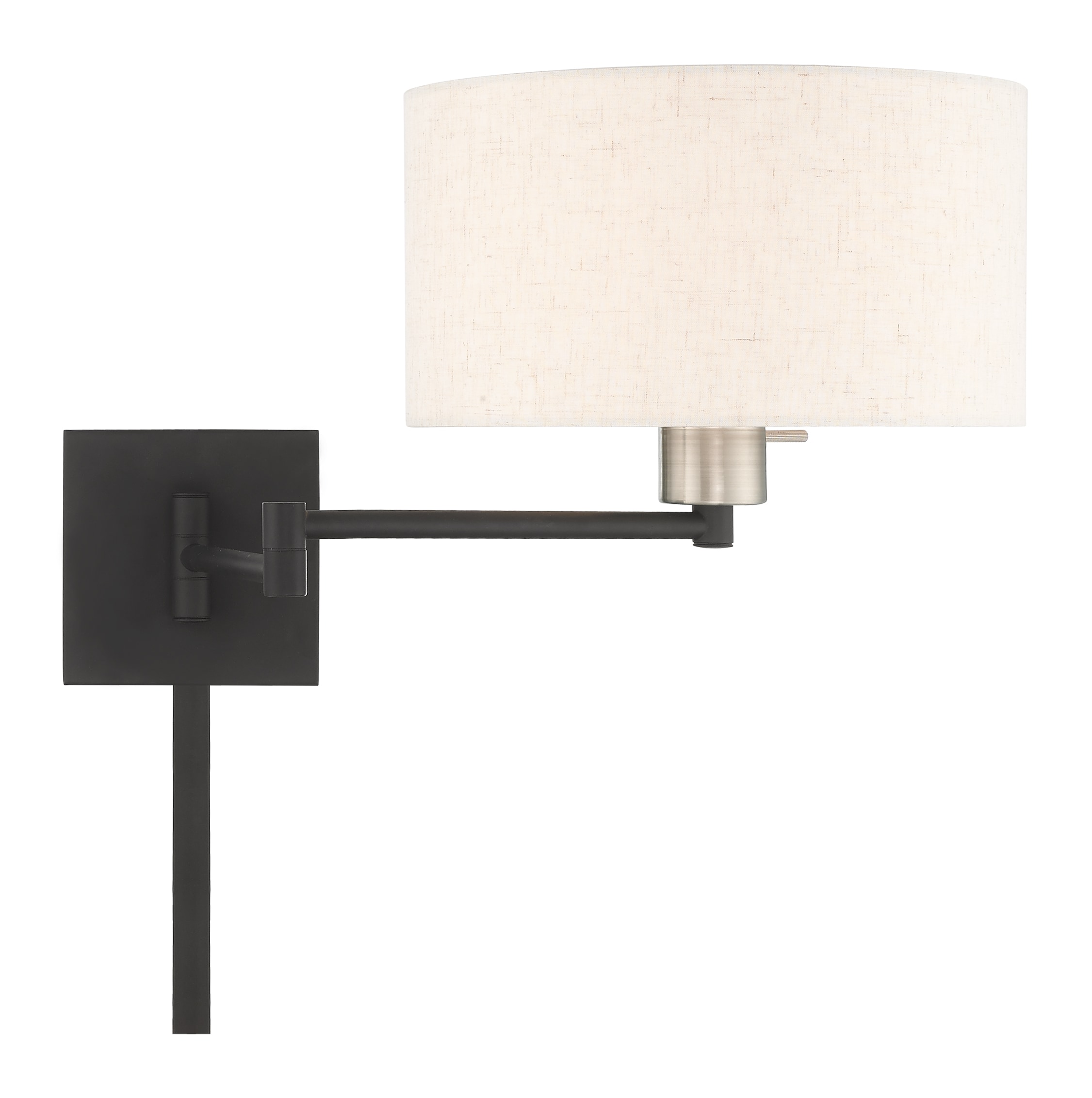 Black Steel Swing Arm Wall Lamp with Oatmeal Fabric Shade