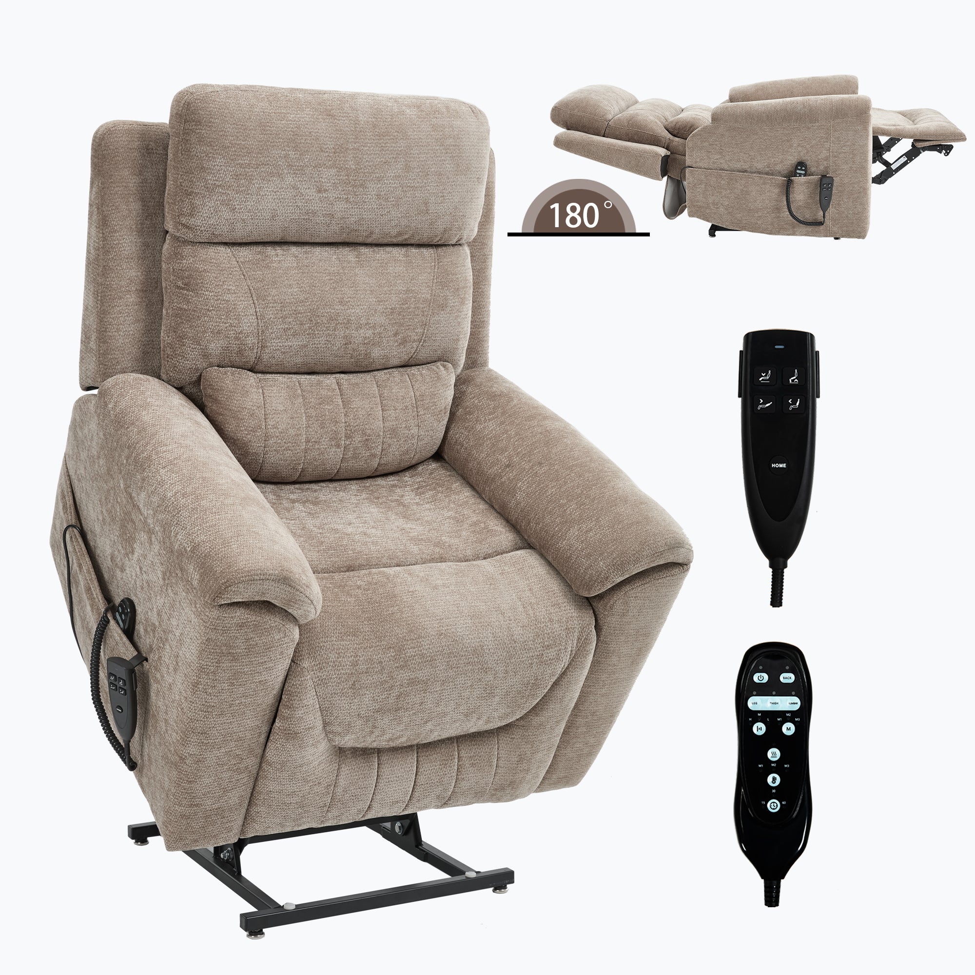 Boyel Living BL-CN453KH Chenille Brown Khaki Dual Motor Infinite Position Up to 350 LBS Power Lift Recliner Chair with 8-Point Vibration Massage and Lumbar Heating