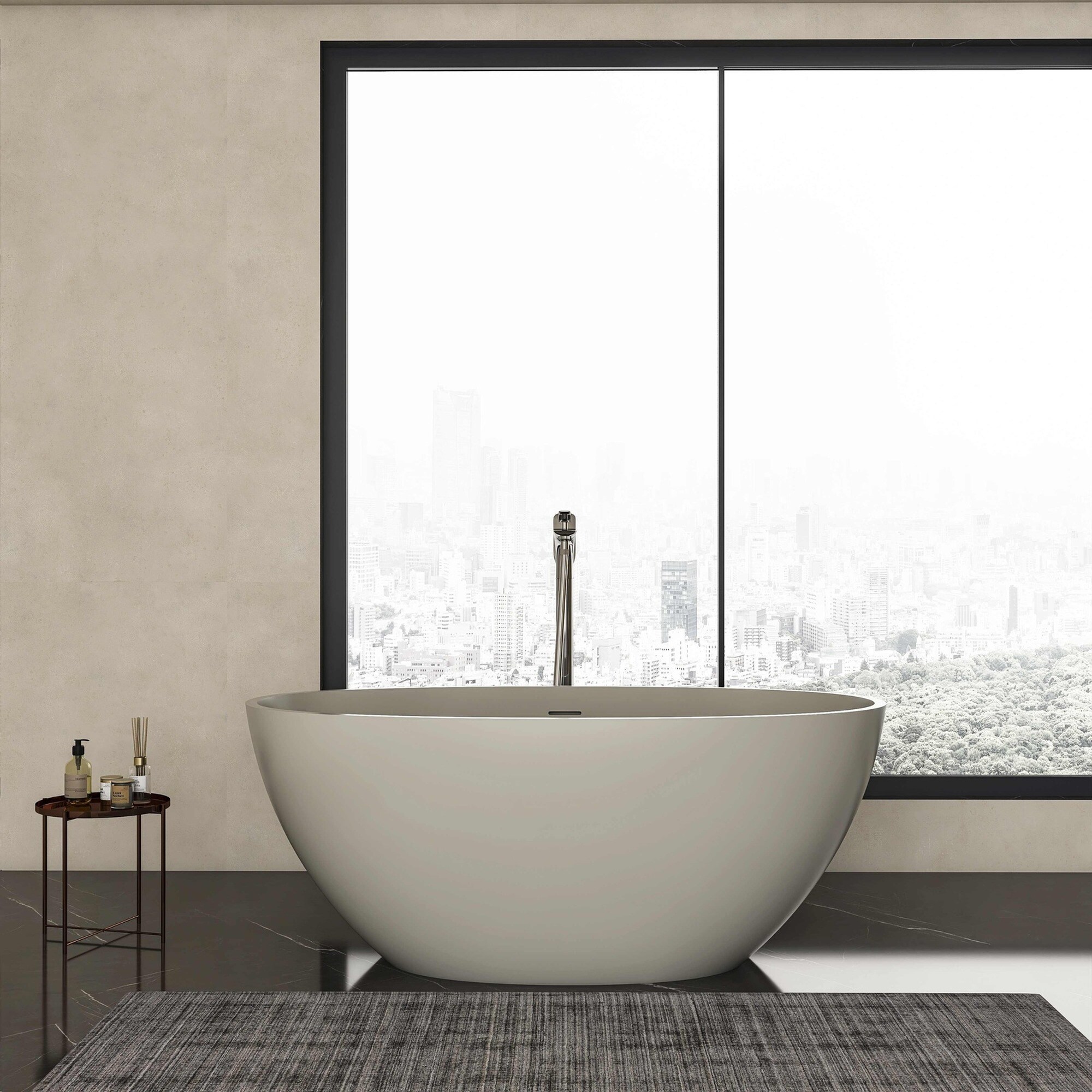 IAK 55 inch Light Beige Solid Surface Freestanding Soaking Bathtub with Ergonomic Design