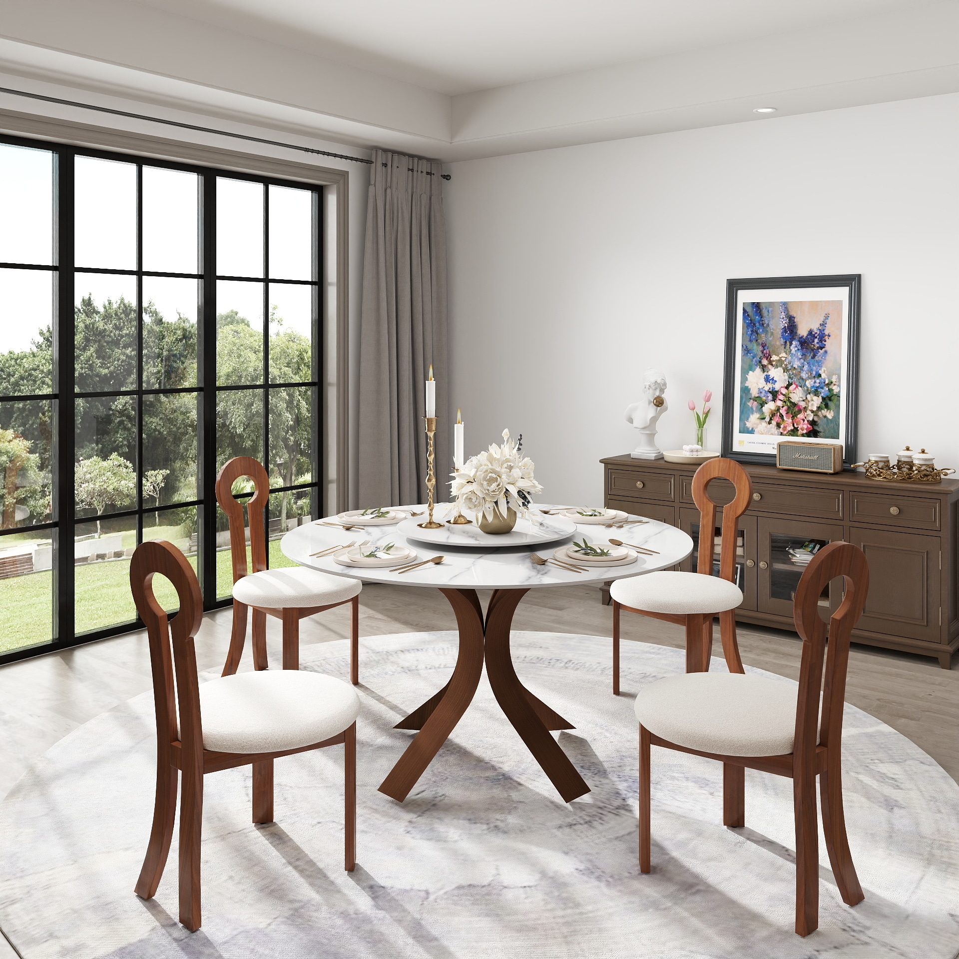 BuotiqHom DH-B-135W60-2R 53 in. White/Bronze Round Contemporary/Modern Dining Table, Ceramic with Primed Steel 53-Inches L x 29.5-Inches H