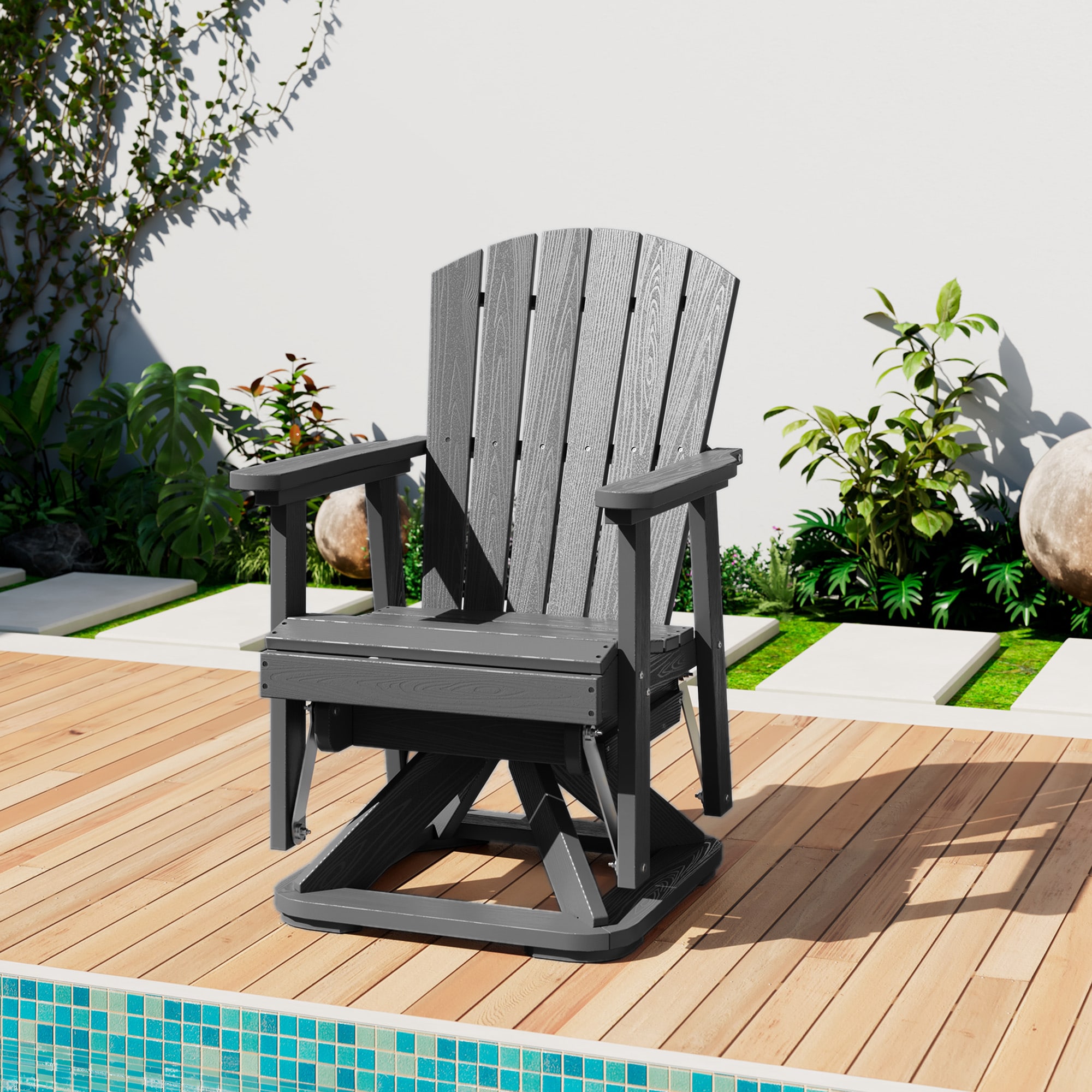 JEAREY PEZHSF02-BK Adirondack Outdoor Swivel Glider Gray HDPE Frame Swivel glider Adirondack Chair with Slat Seat