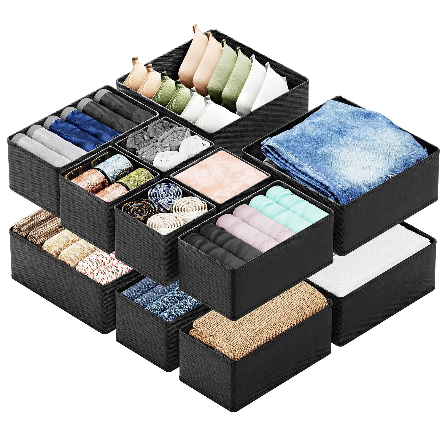 SPACELEAD 12 Pack Fabric Drawer Organizer Bins 3 Sizes for Dresser Closet Nursery Clothing Socks Underwear Storage Dividers Foldable Non-Woven