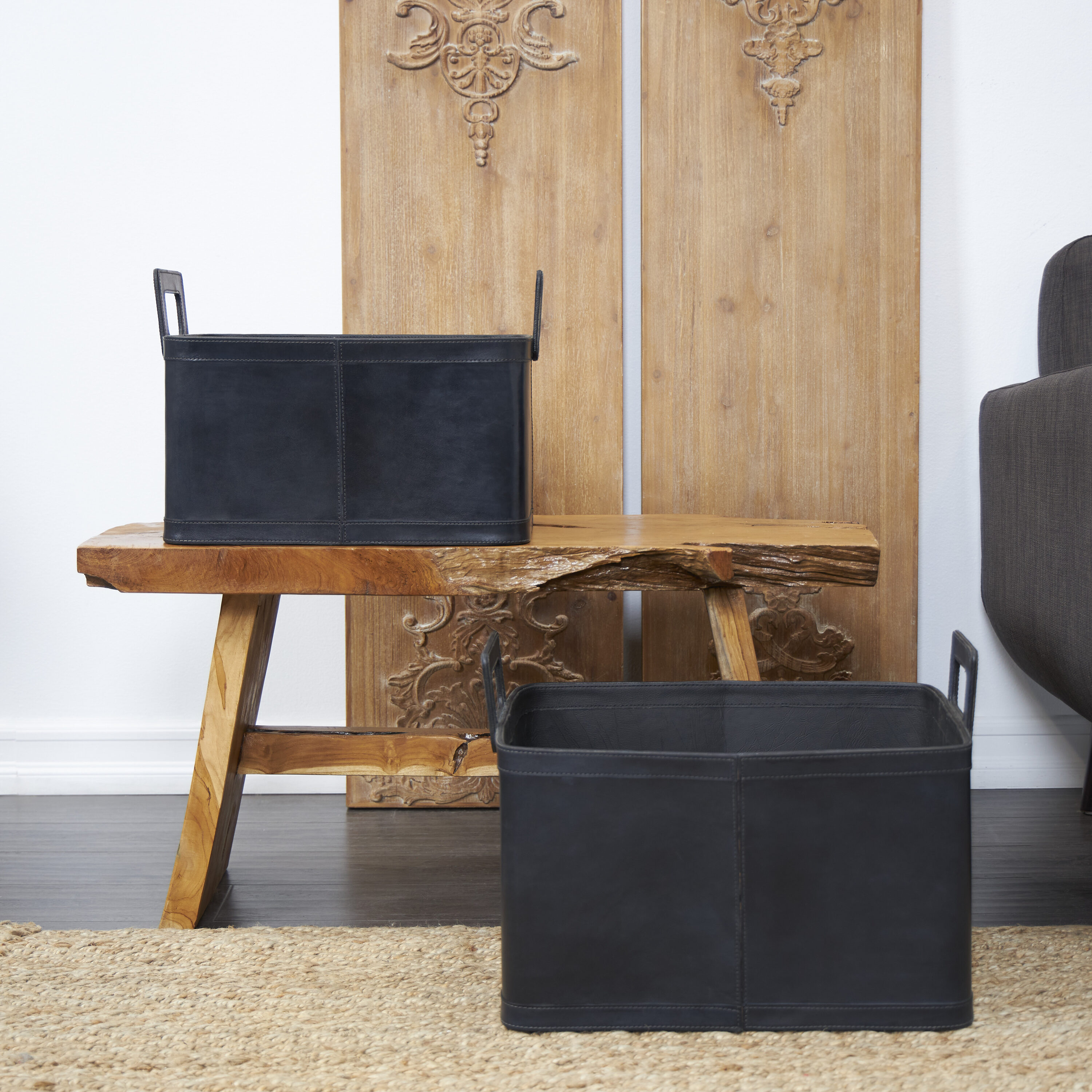 Grayson Lane 79816 2 -Pack ( 15-in W x 14-in H x 19.35-in D ) Dark Blue Handmade Rectangular with Handles Leather Stackable Basket