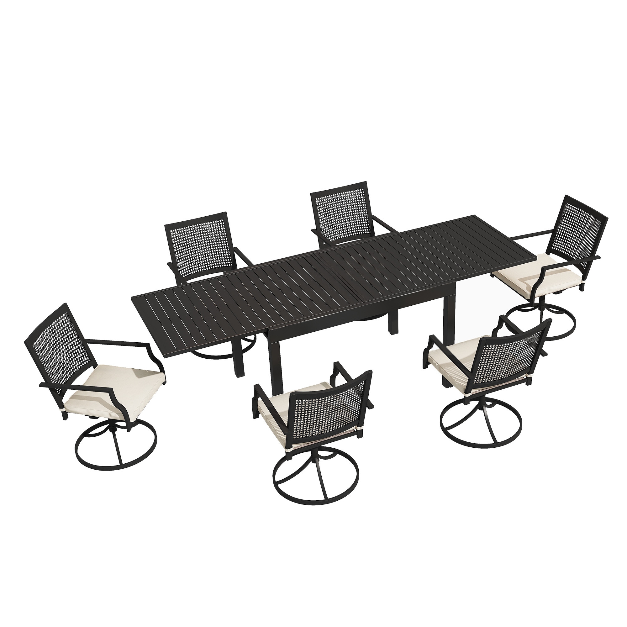 Clihome AG-W213S00044 6Pcs Swivel Chairs with 1 Extendable Dining Table 7 -Piece Black Woven Patio Dining Set Extendable Table Aluminum Rectangle Table with 6 Off-white Cushions Swivel Chairs