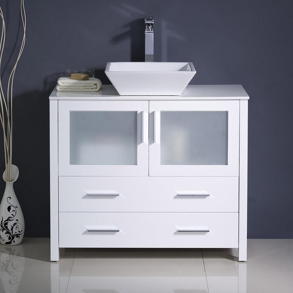 White Ceramic Top Freestanding Modern Bathroom Vanity with Vessel Sink