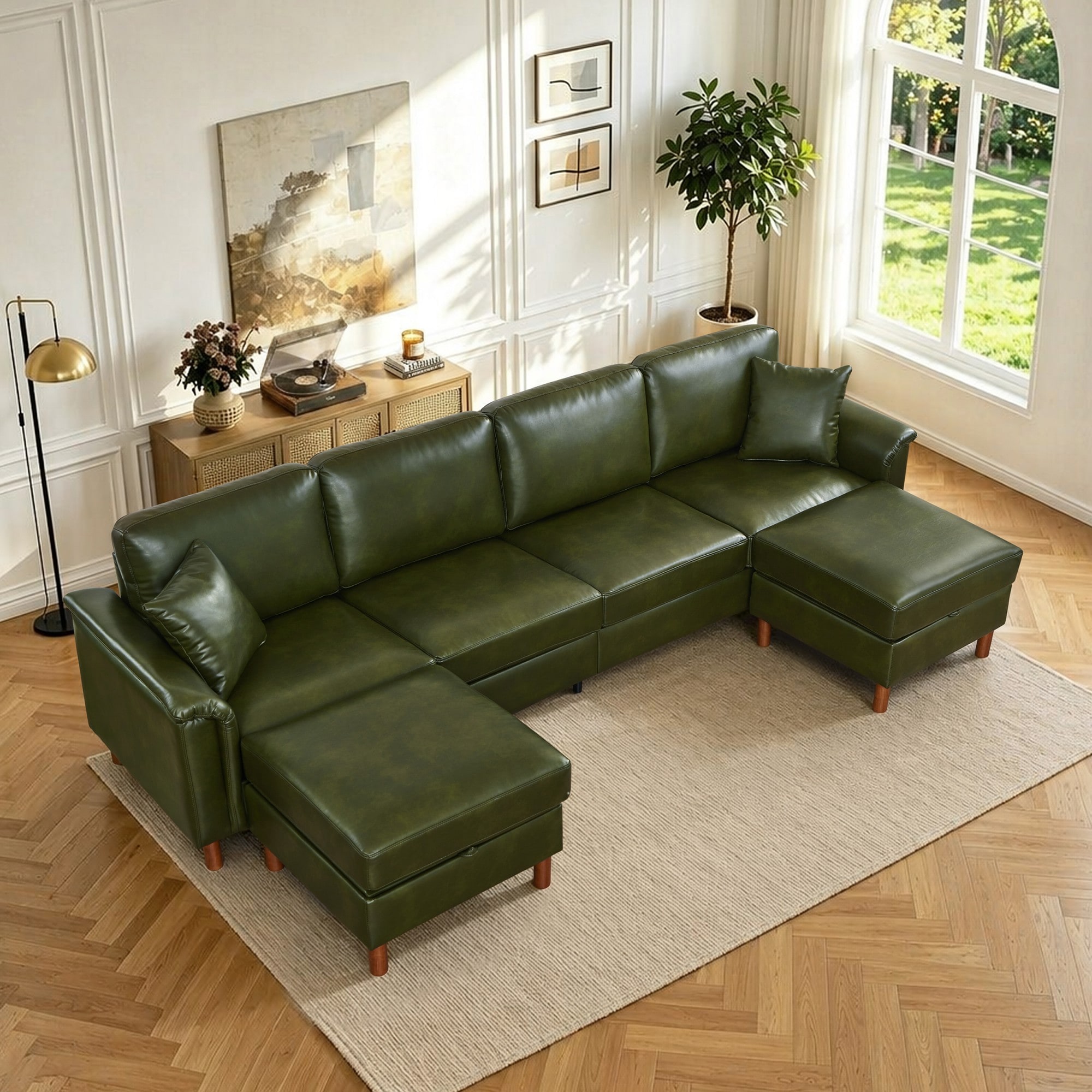 GZMR - 120" U-Shaped Sectional Sofa with Storage Ottomans 120-in W Modern Dark Green Faux leather...