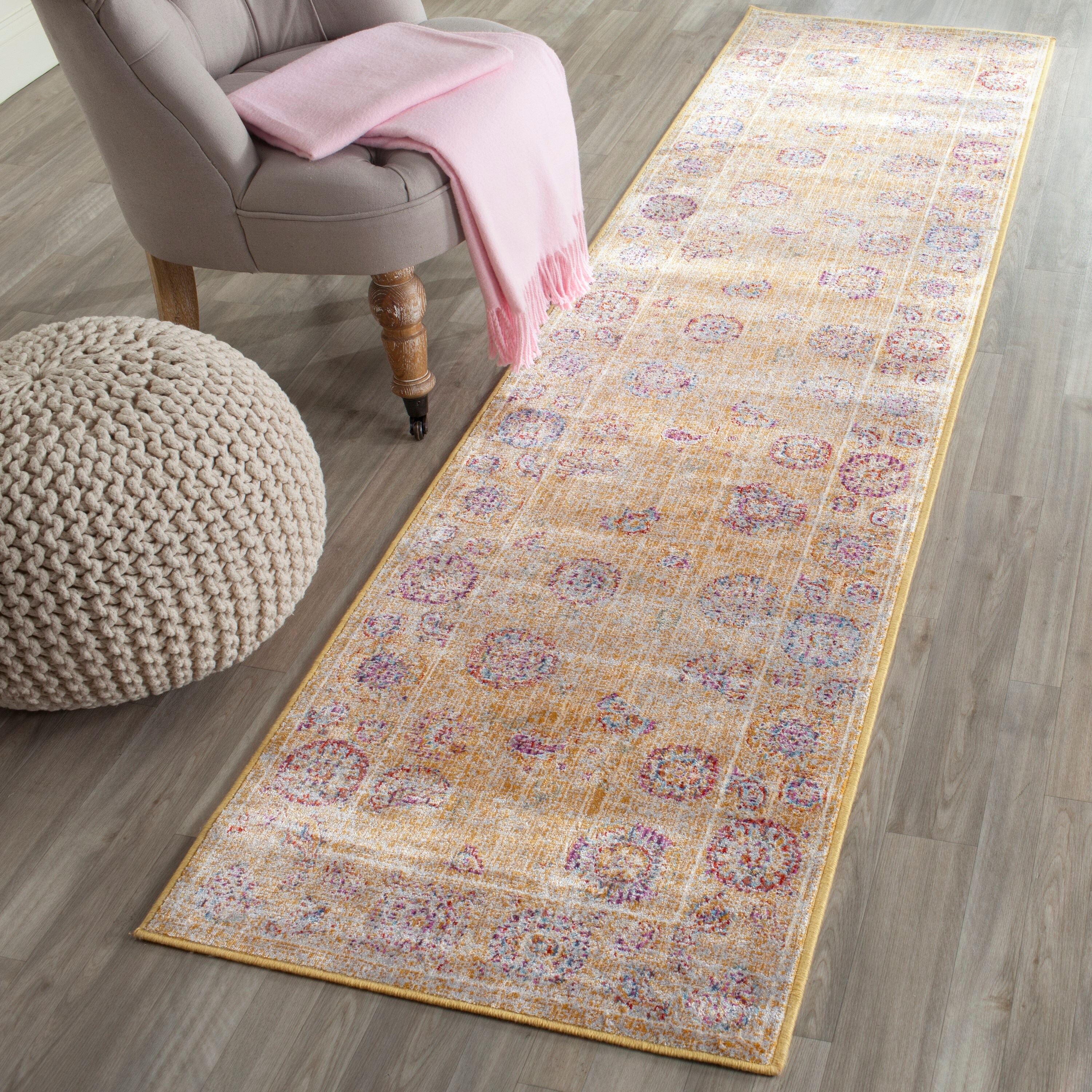 Safavieh SEV812E-28 Sevilla Ligure 2 x 8 (ft) Loomed Synthetic Gold/Multi Rectangular Indoor Floral/Botanical Vintage Runner rug