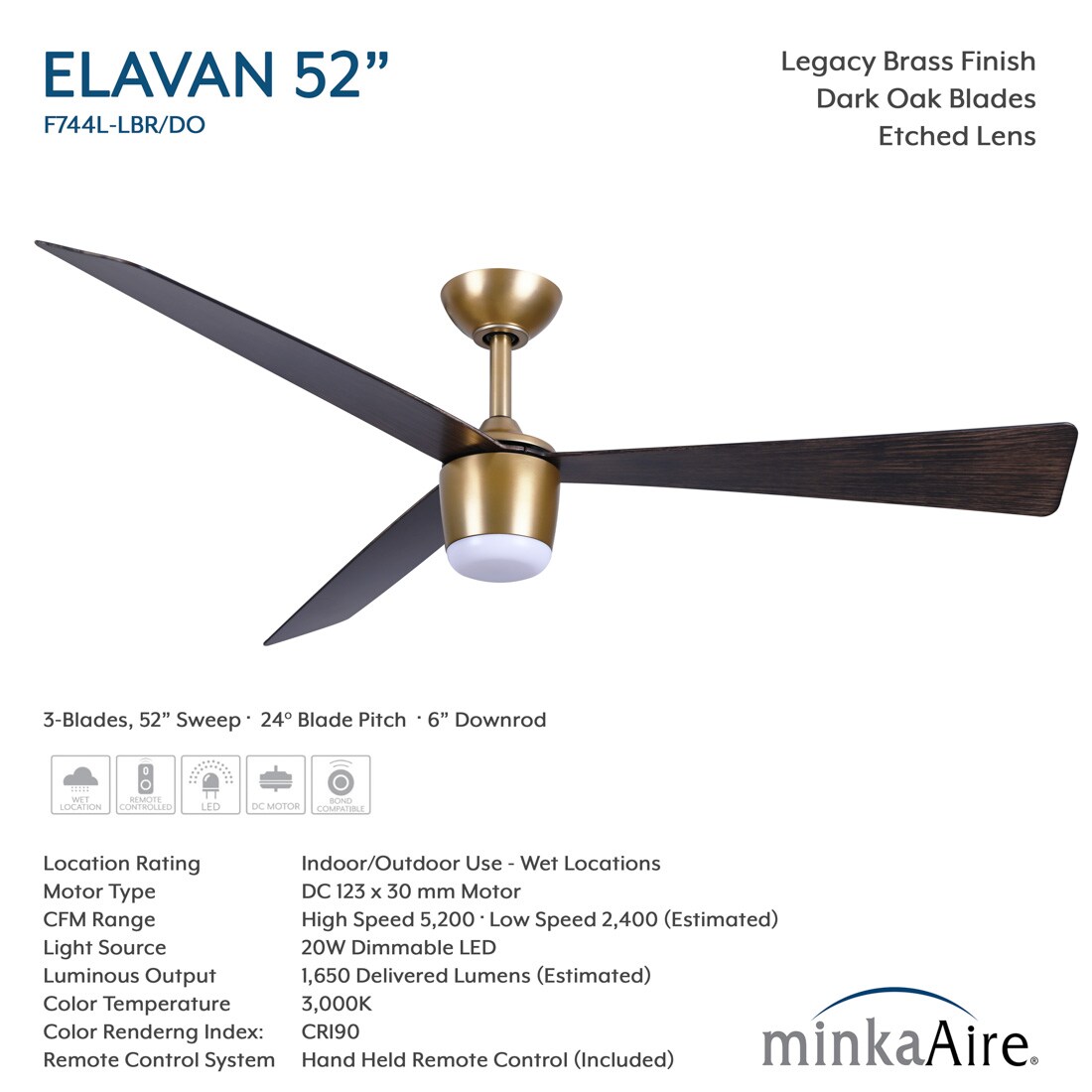 Minka Aire Elavan 52-in Legacy Brass with Dark Oak Blades LED