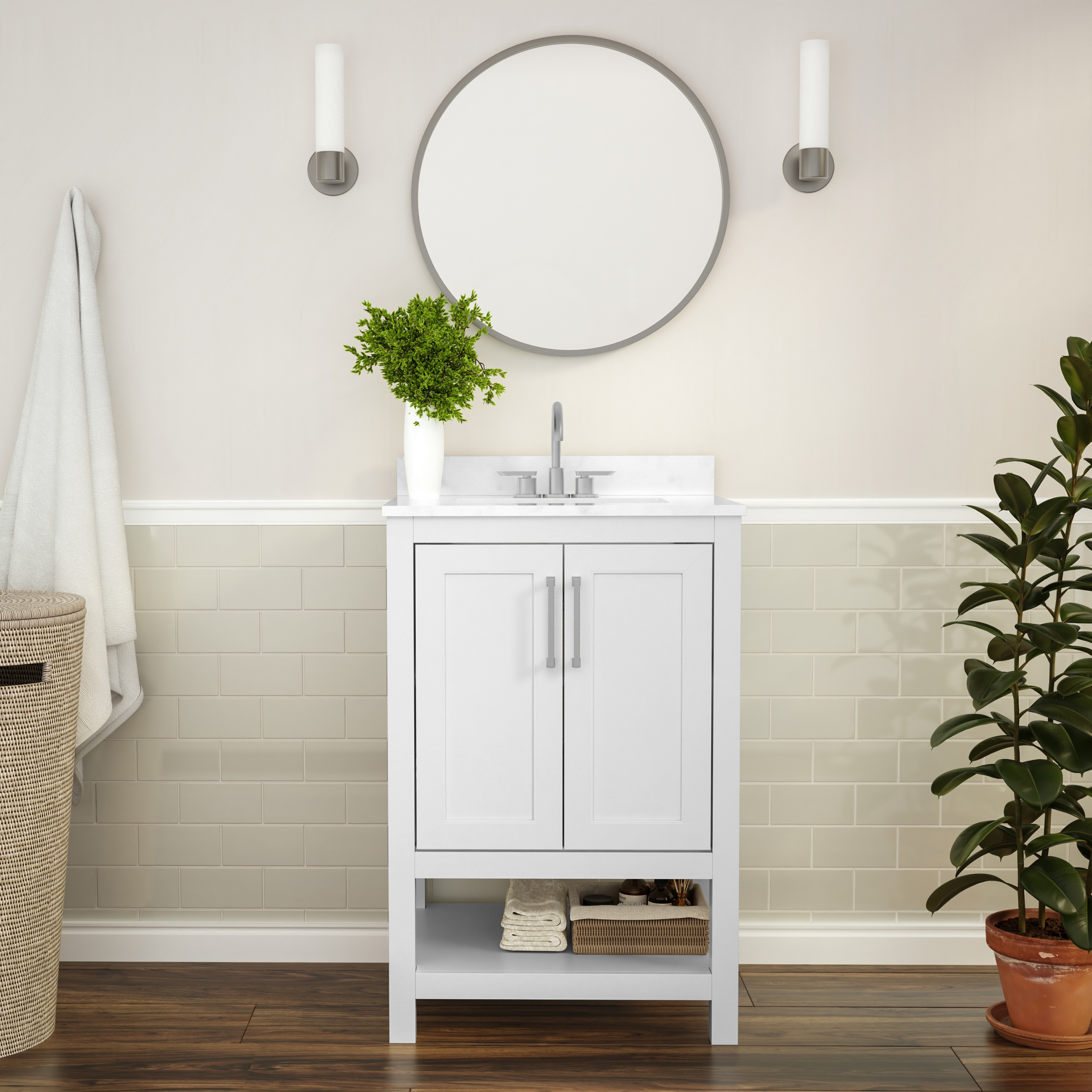 Flash Furniture 196861105869 Vega 24 Inch Bathroom Vanity with Sink Combo; Storage Cabinet with Soft Close Doors and Open Shelf; Carrara Marble Finish Countertop; White/White