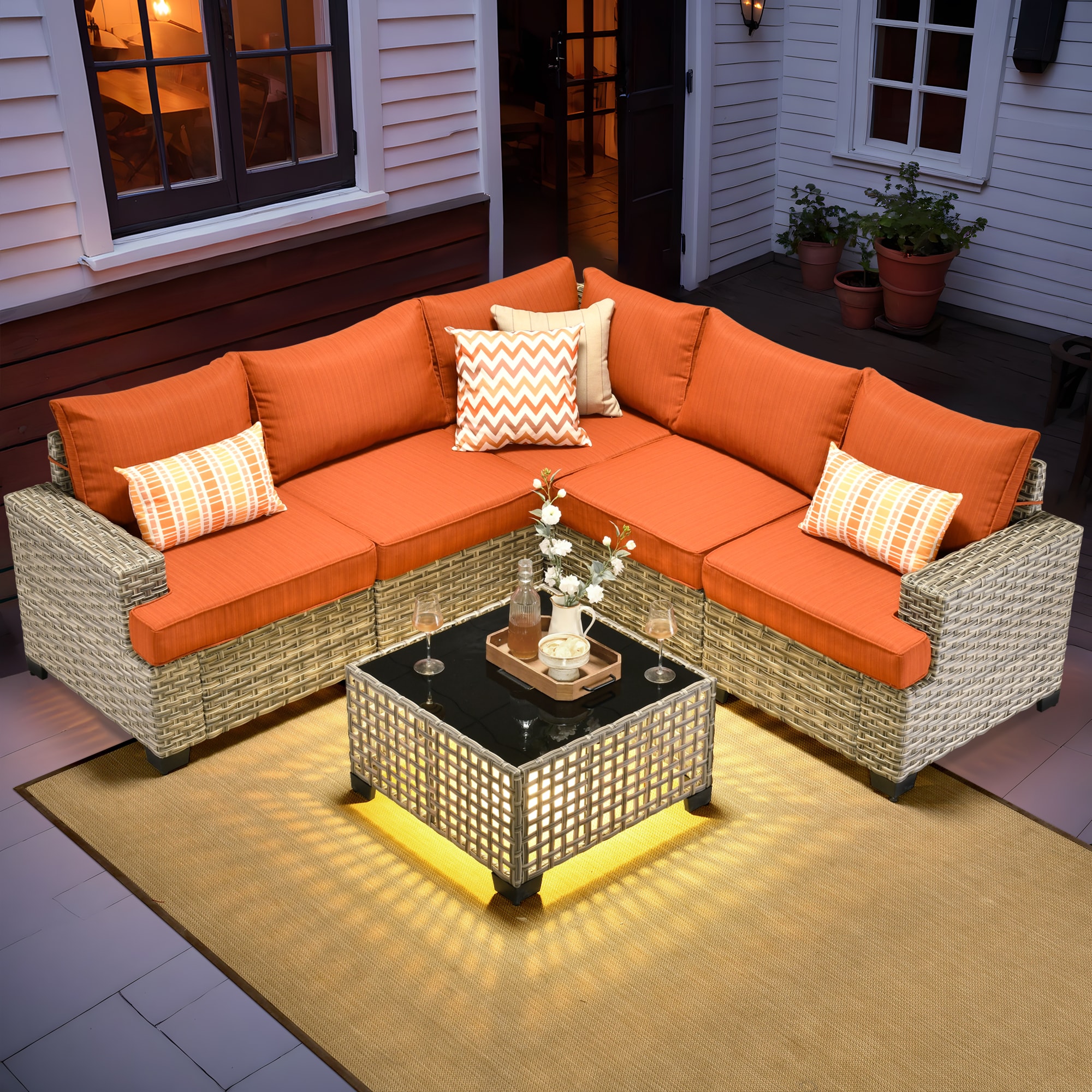 Caodoc L5-TBS806-1 TBS Rattan Outdoor Sectional with Orange Cushions and Wicker Frame