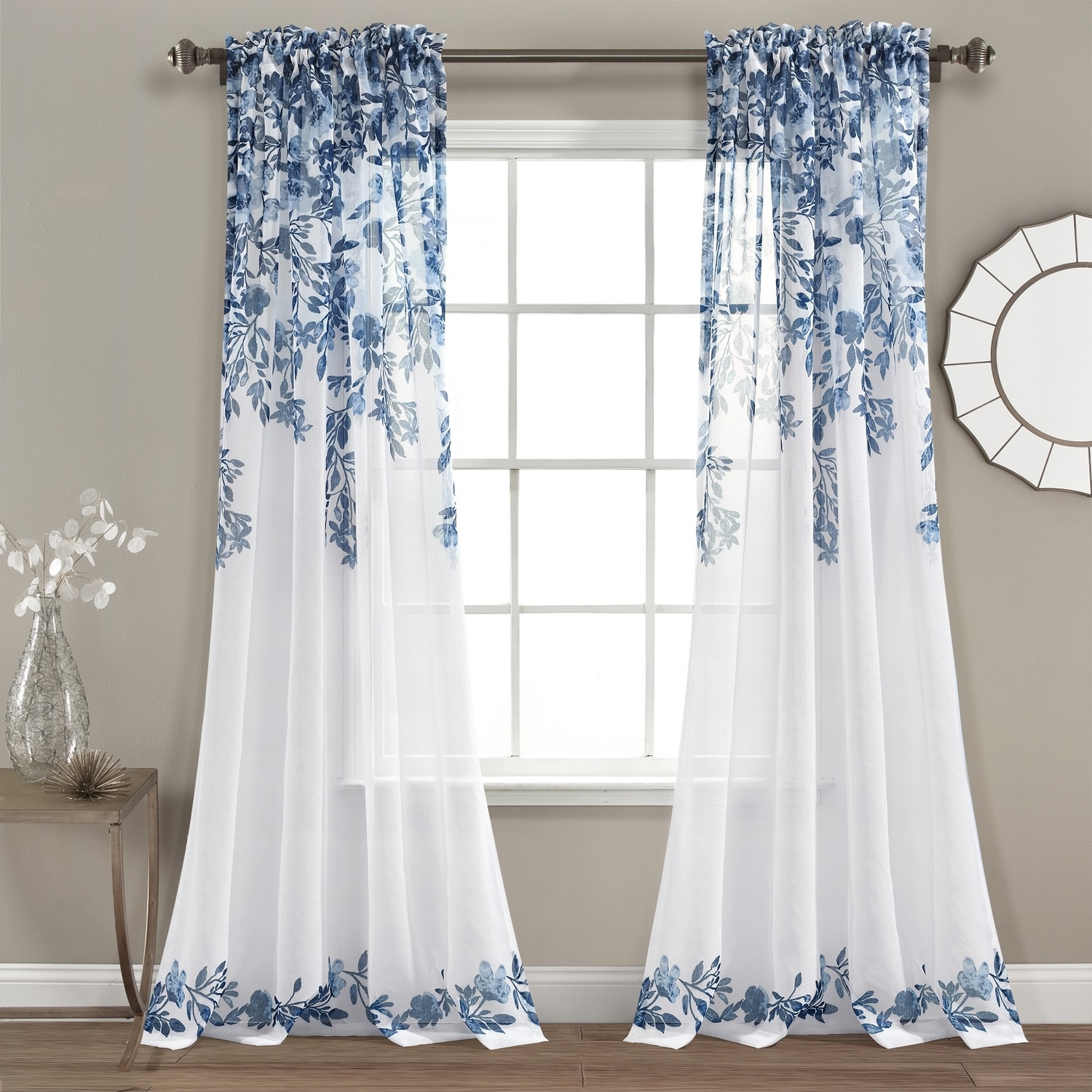 Lush Decor 16T007293 84-Inches Navy Floral Sheer Rod pocket Curtain panel pair