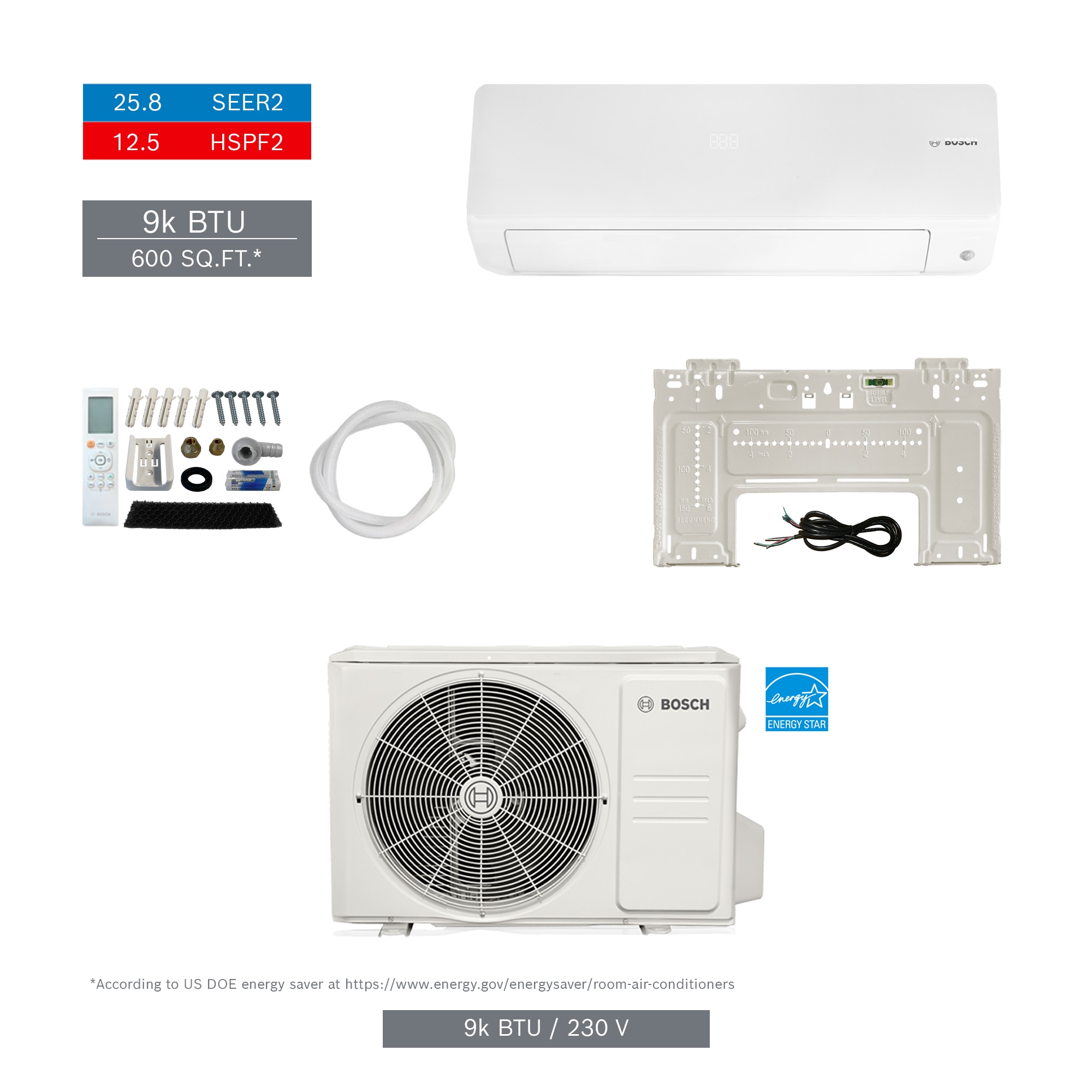 Bosch 8733980459 Climate 5000 Pro Pack Single Zone 9000-BTU 25.8 SEER Ductless Mini Split Air Conditioner Heat Pump Included with 230-Volt