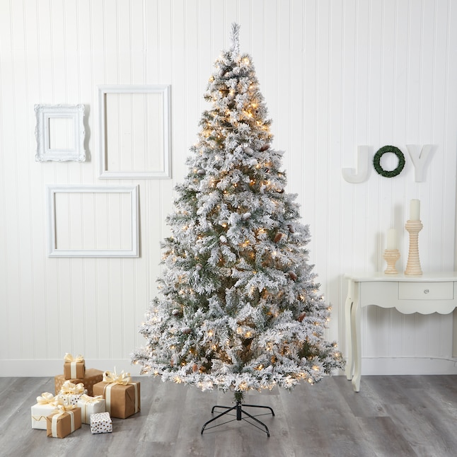 Nearly Natural 8-ft Pine Pre-lit Flocked Artificial Christmas Tree with ...