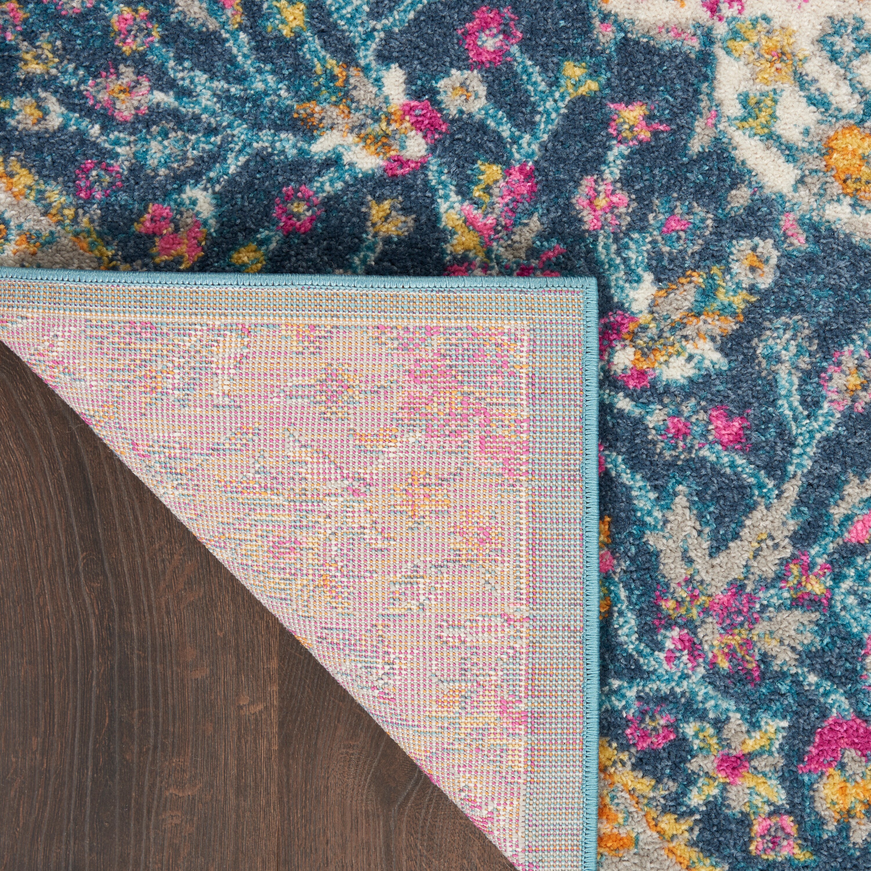 Blue and Pink Floral Synthetic 8' x 10' Reversible Rug
