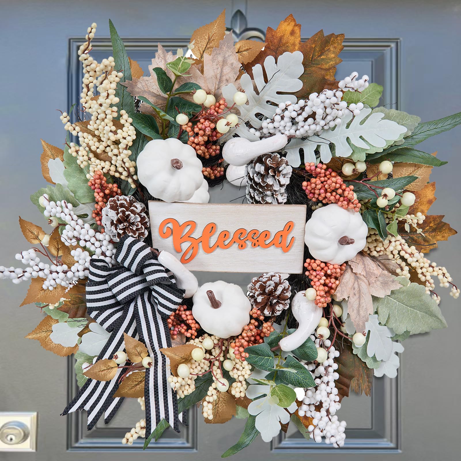 KIWDZFU  Fall Wreath for Front Door Autumn Harvest Porch Decor 20 inch Blessed Fall Door Wreath with White Pumpkin and Ribbon Bow for Indoor