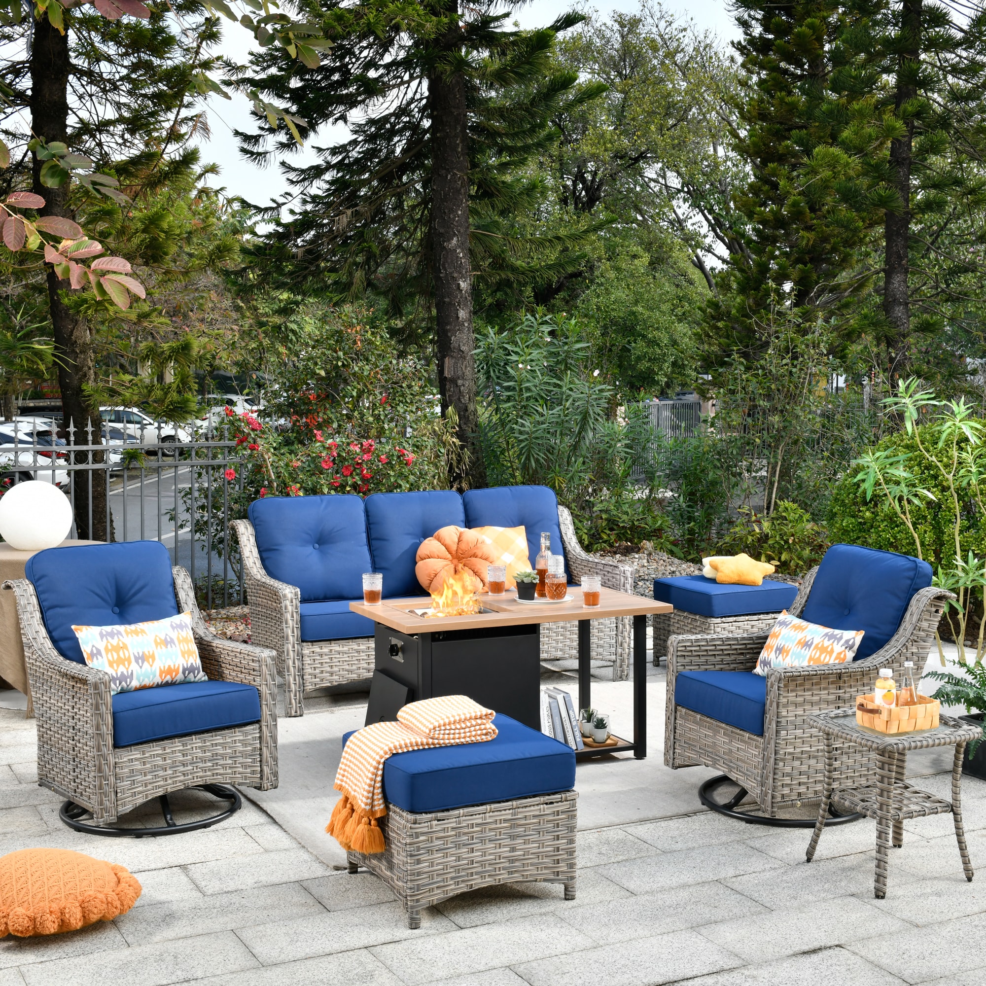 Ovios RFP11PD7-6Y 7 -Piece Wicker Patio Sofa Conversation Set with Navy Cushions