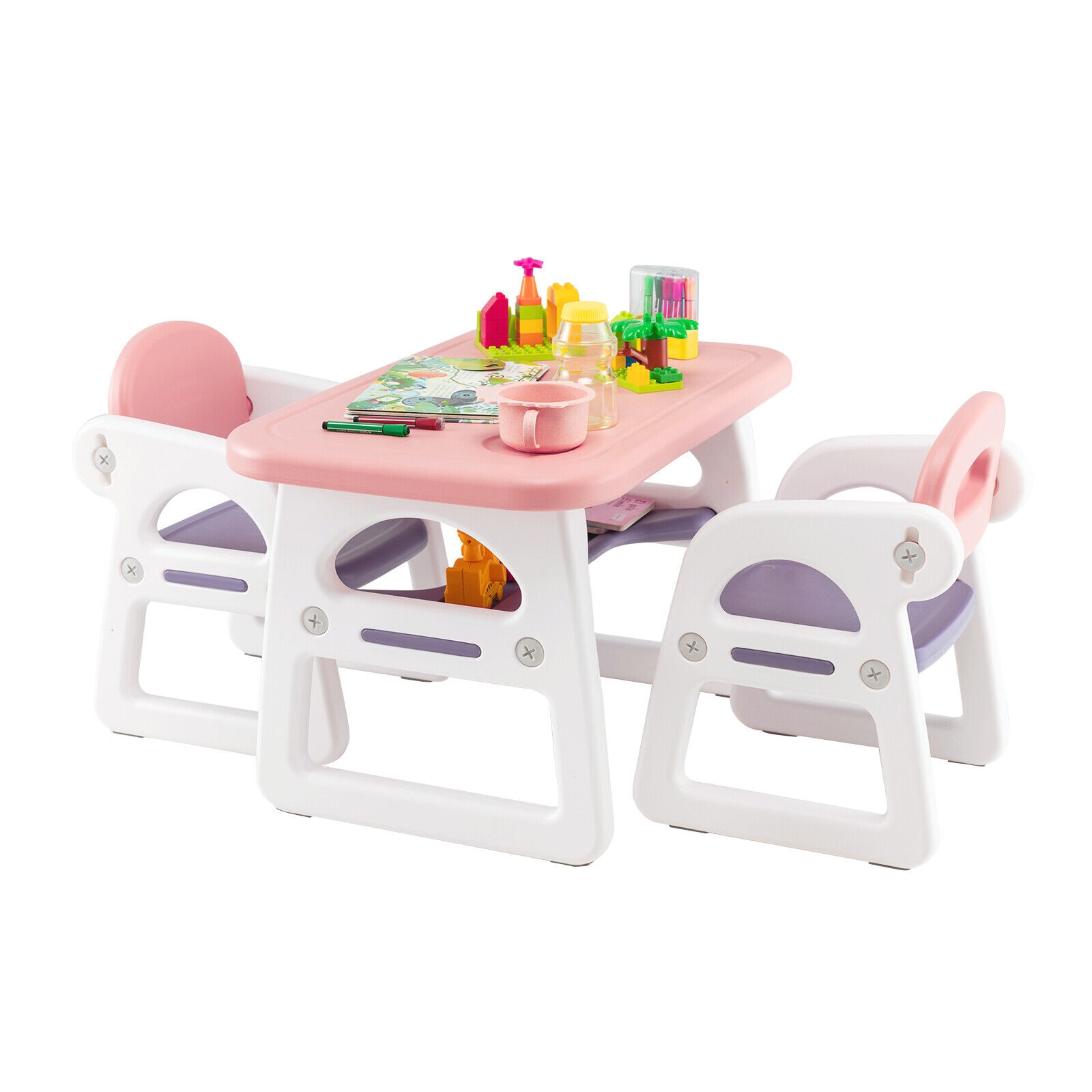 Slickblue D-CO-IP1965BB Kids Activity Table Set - Rectangular Kids Play Table with Storage Shelf and Cup Holders (2 Chairs) – Bedroom Playroom Kindergarten - Pink and Blue/Pink and Purple