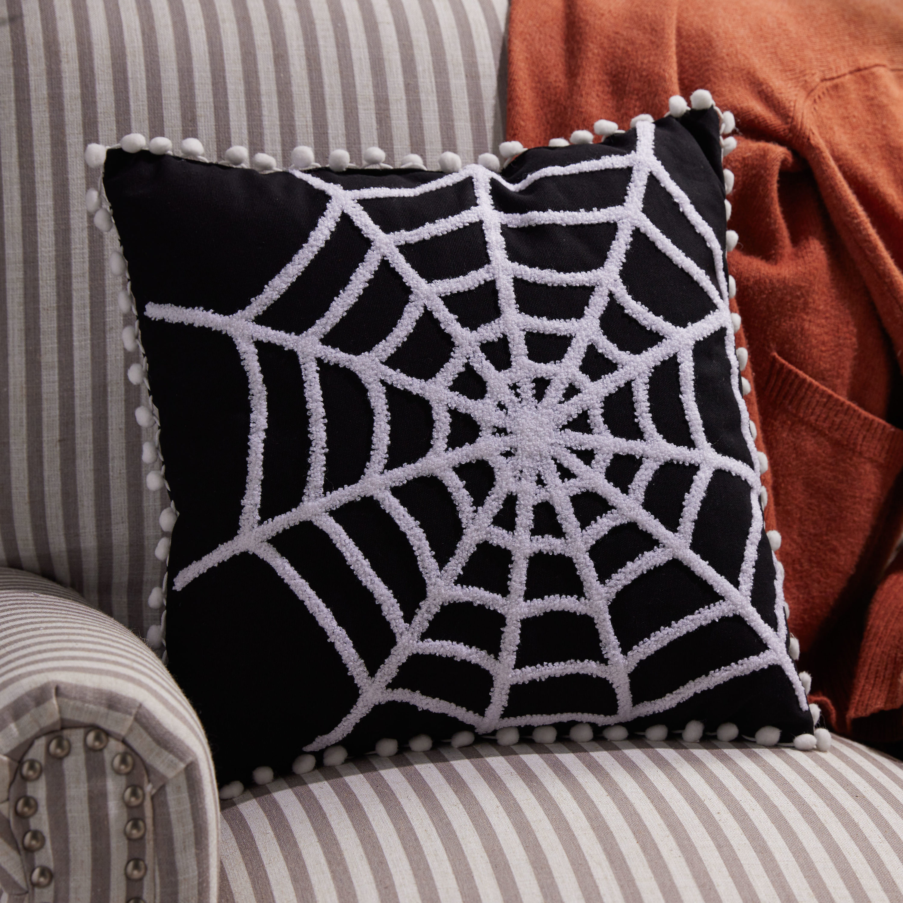 Hand Tufted Halloween Pillow Cover,ghosts Embroidered Cushion Cover,fall  Holiday Home Decor Rug,spider Web Spooky Season Gifts,16x16 Pillow 