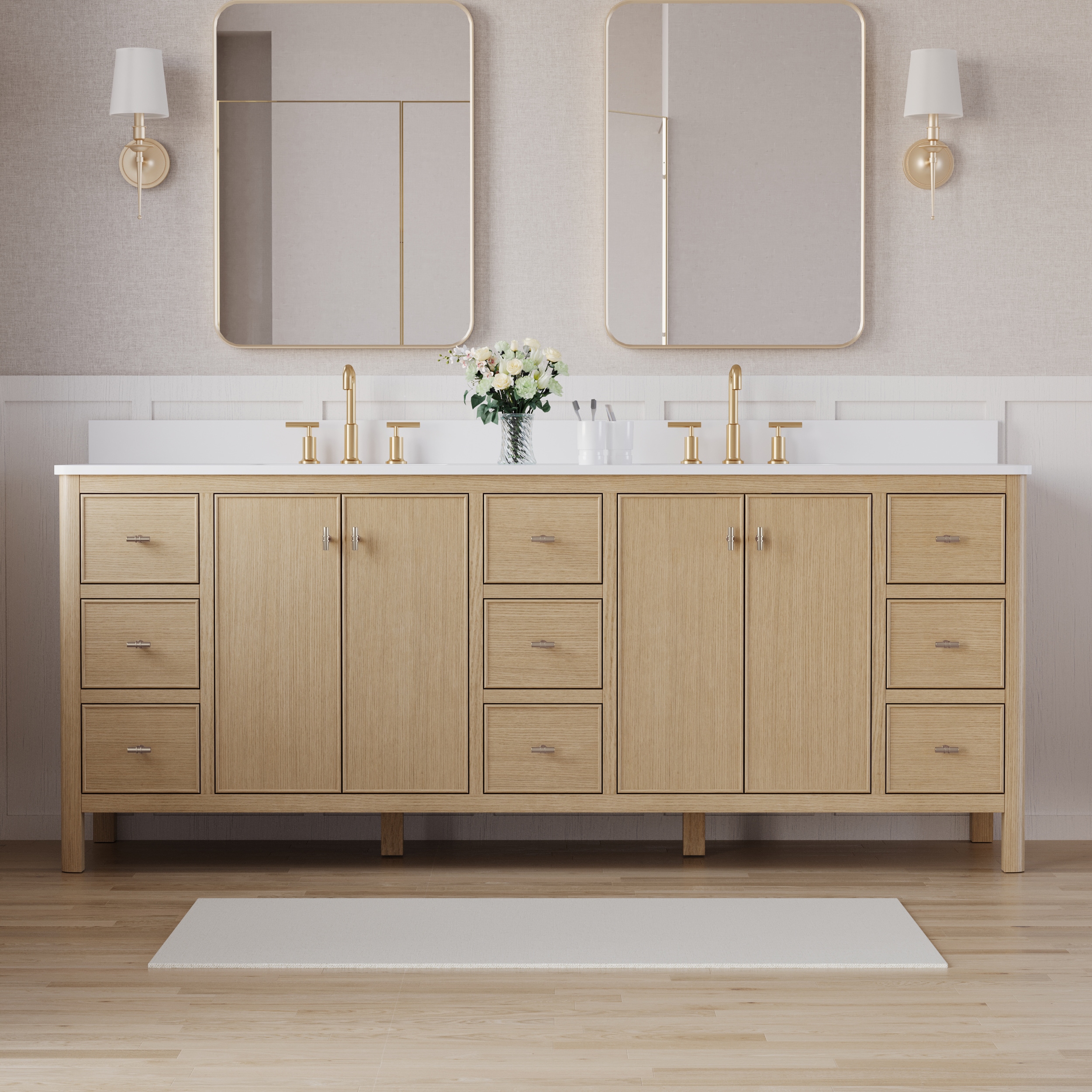 Forclover - CLORIN Solid Wood 84-in OAK Brushed Nickel Handles Undermount Double Sink Bathroom Va...