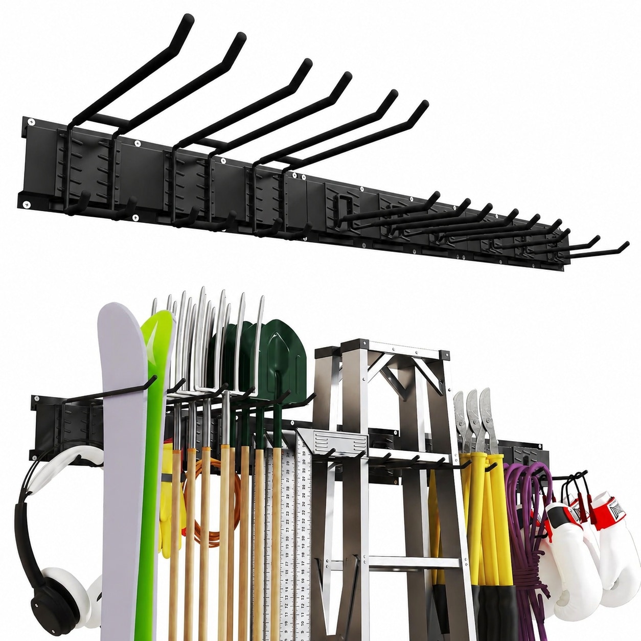 Ahfiwaso 32 inch Garage Tool Organizer Wall Mount Adjustable Metal Storage Rack with 2 Racks and 6 Hooks Heavy Duty 440 lbs for Garden Shed Yard