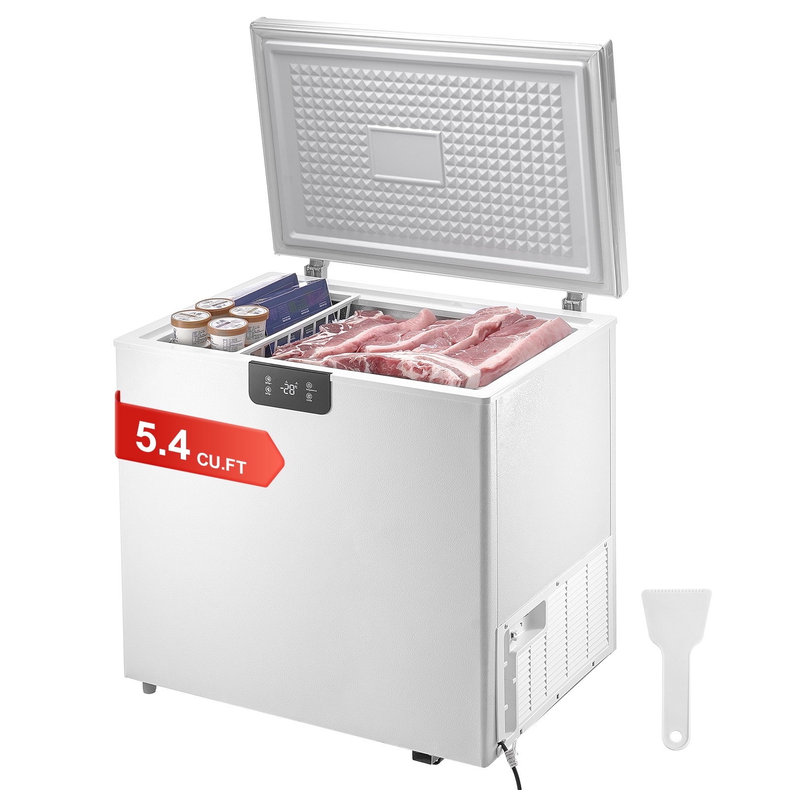SVOPES SCJYLJ5CFTBS03820V1 Chest Freezer 5.4 Cu.ft / 153 L Compact Deep Freezer Free Standing Top Open Door Compact Freezers with 2 Removable Baskets and Adjustable Thermostat Energy Saving and Low Noise White