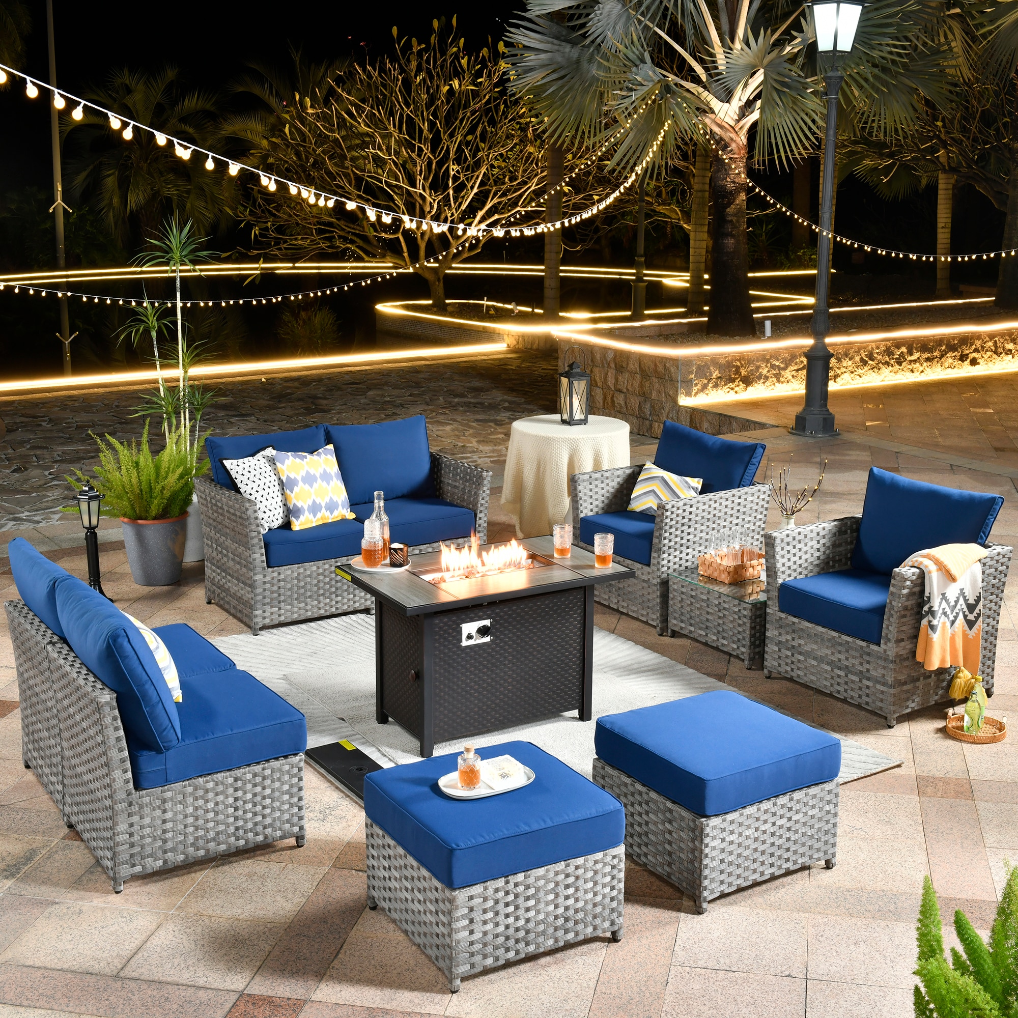 Ovios RFP03BS7-9 10 -Piece Wicker Patio Conversation Set with Navy Cushions