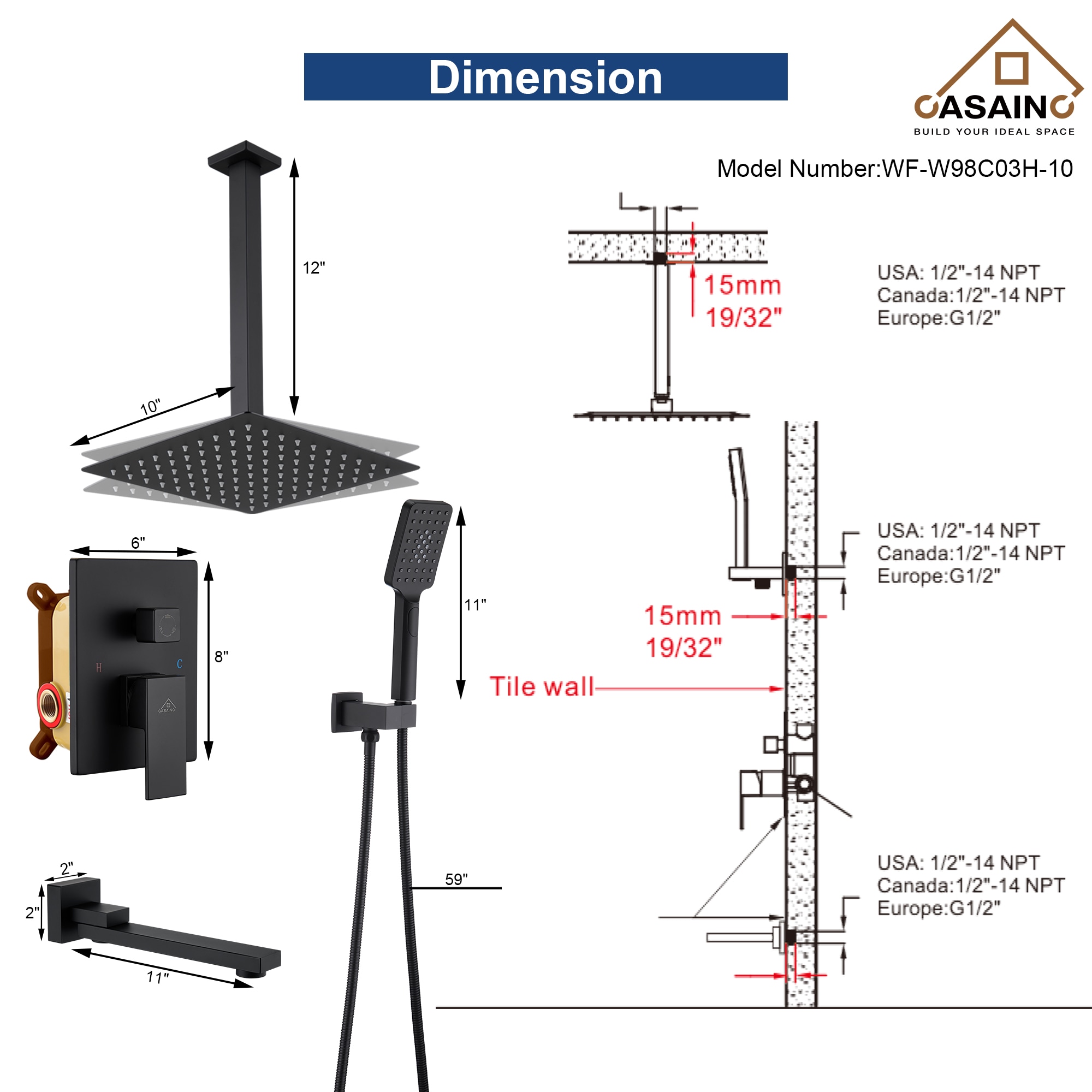 CASAINC WF-W98C03H-10 Showerhead-Bar-Panels - View #2