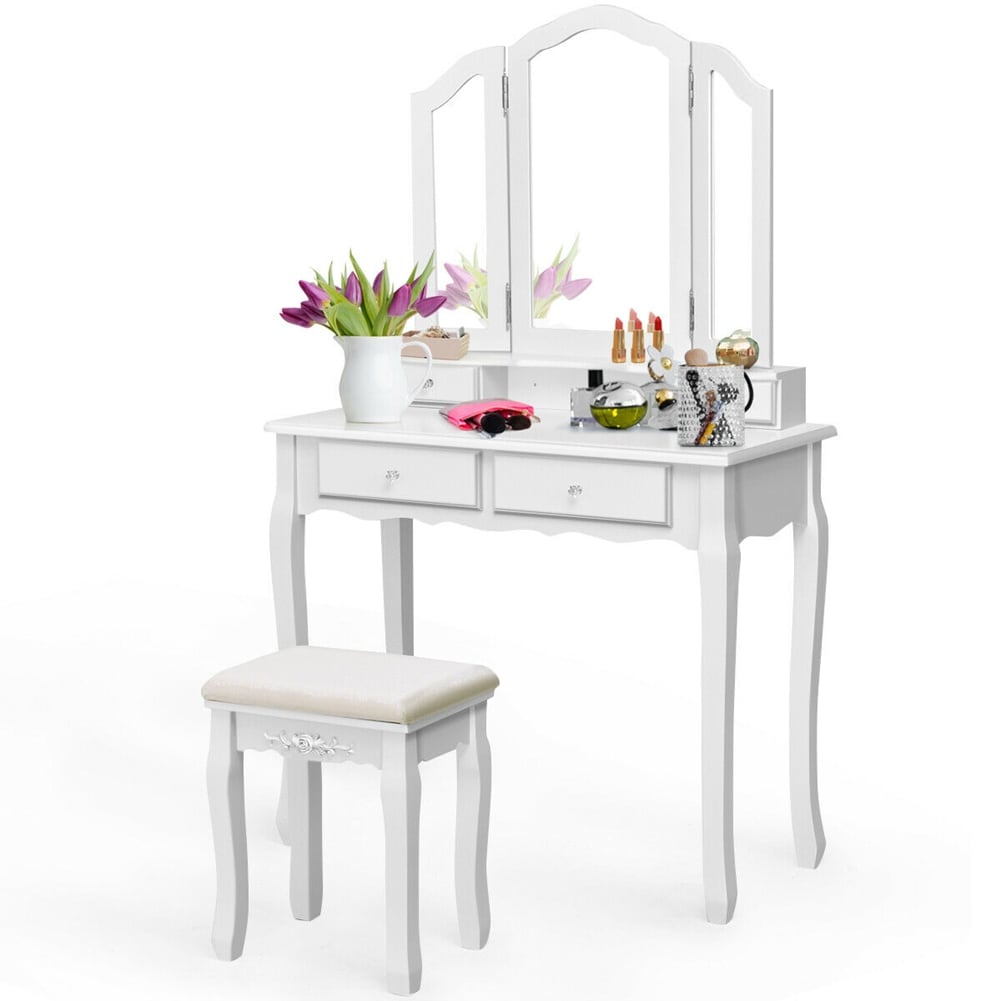 Costway  White Tri Folding Vanity Makeup Table Stool Home Desk