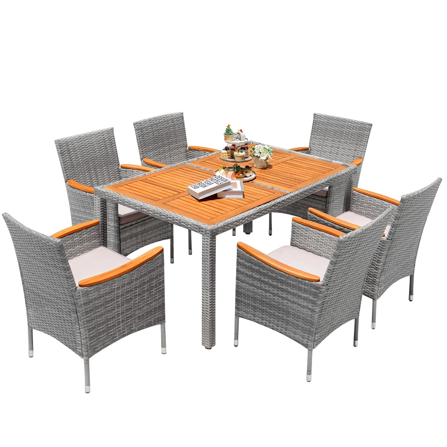 Vineego LS-1TB50-4-2113C-4BG 7 -Piece Black Wicker Patio Dining Set Wood Rectangle Table with 6 Stationary Chairs