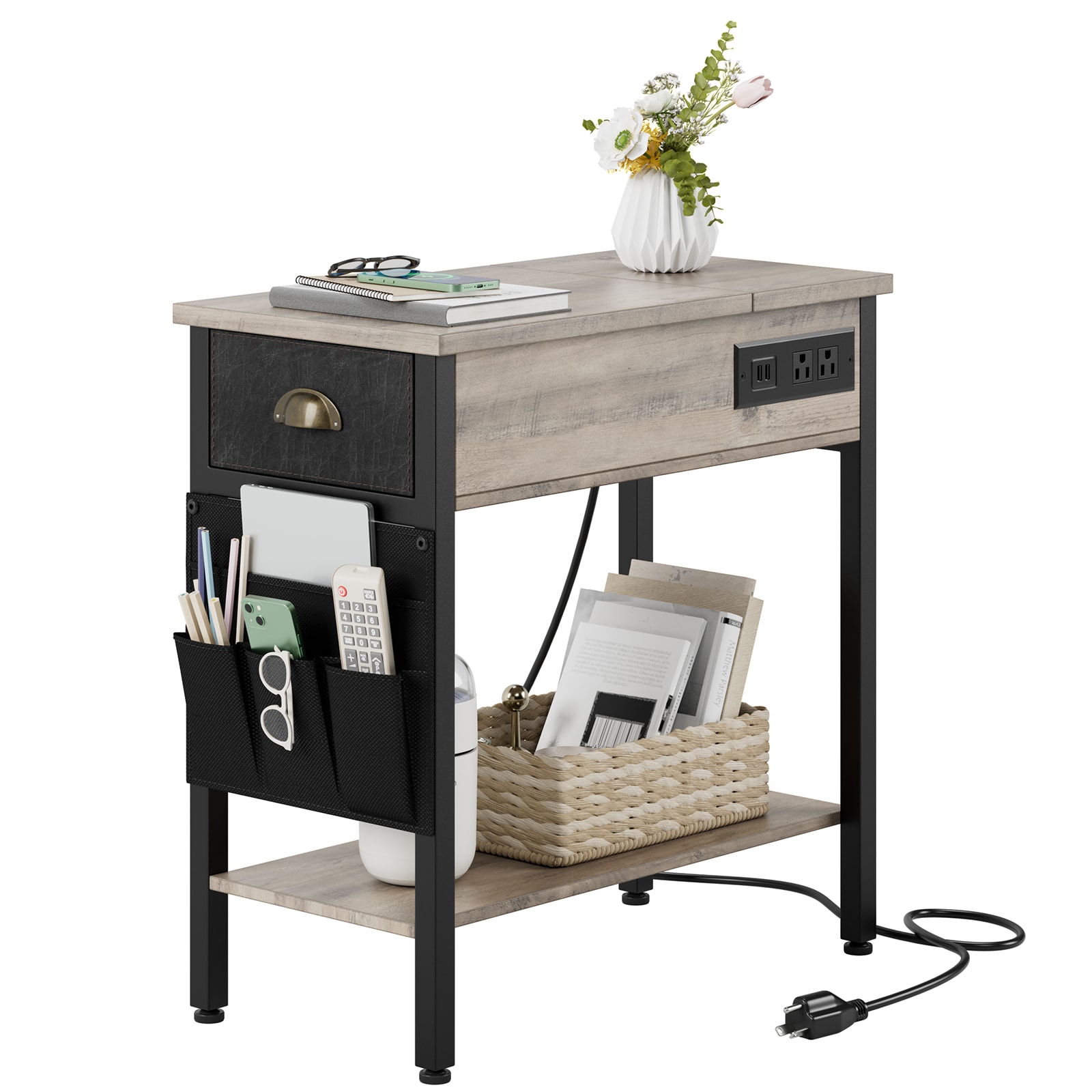 Garvee PHO-0V2NK8J3 12.59-in W x 23.62-in H Black/Gray Wood Rectangular Farmhouse End Table with Storage Assembly Required