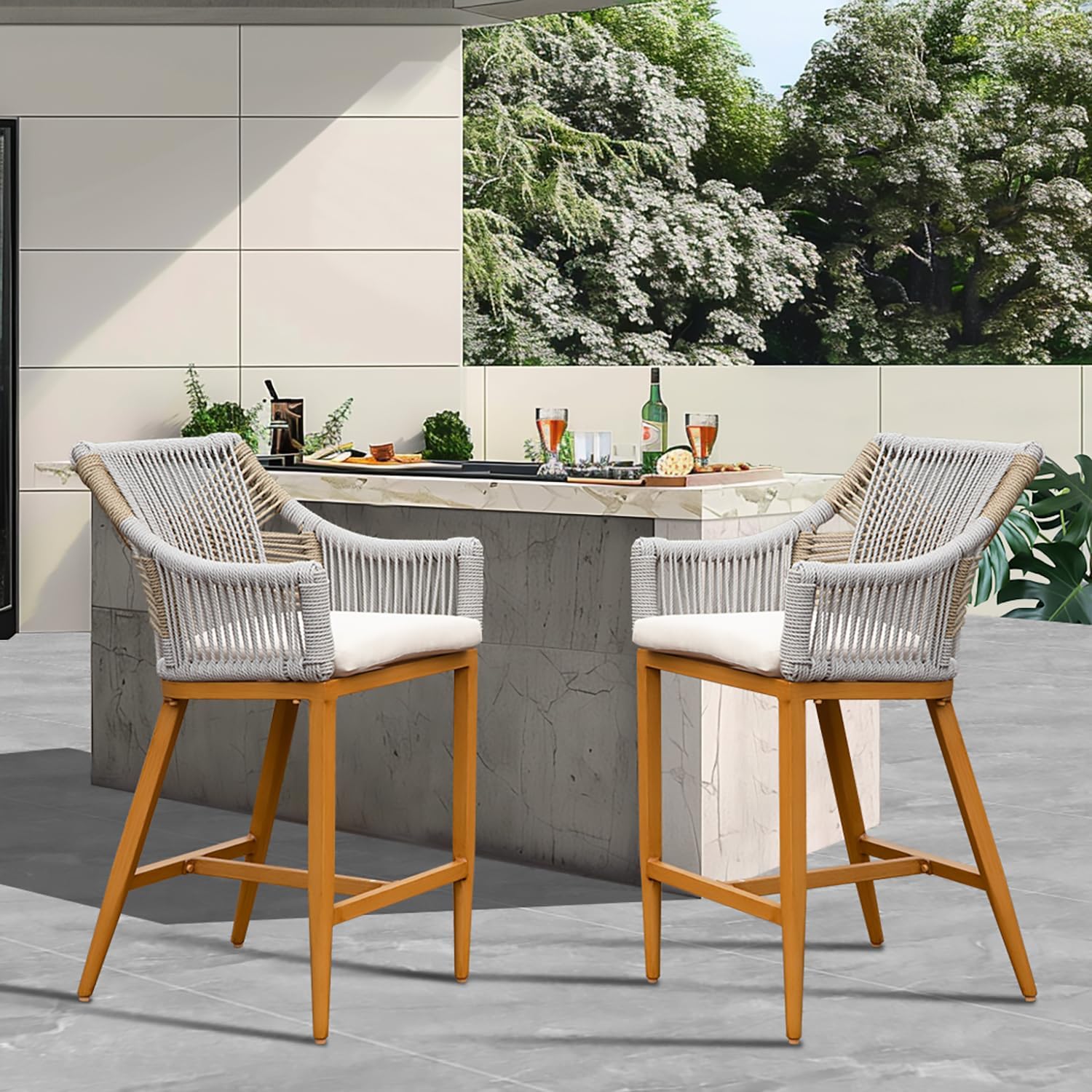 GDFStudio 321951 Bar Stools (Set of 2) Outdoor Counter Height Aluminum Chairs with Cushion Khaki