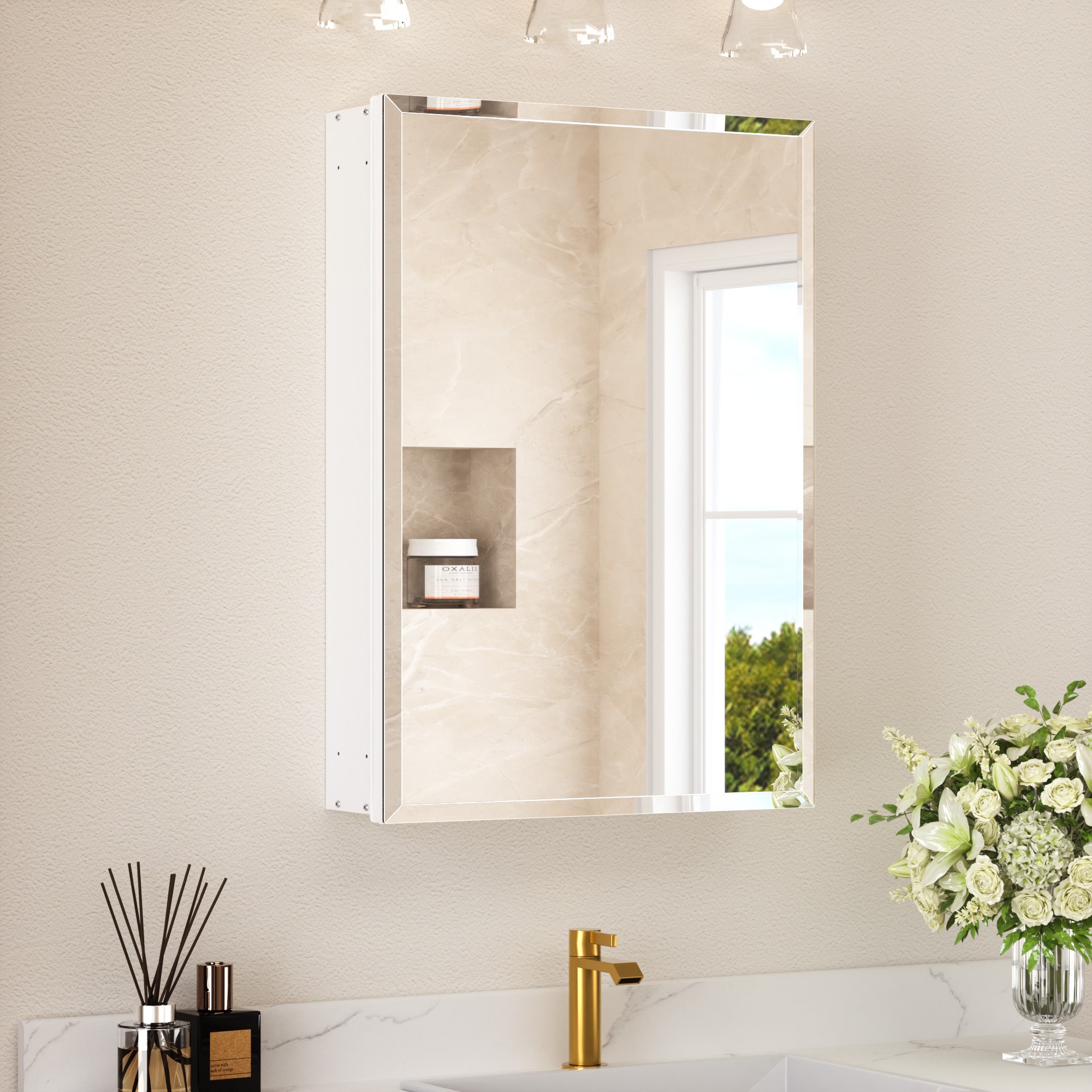 TETOTE - 20 x 28 in White Frameless Surface/Recessed Aluminum Beveled Mirrored Rectangle Medicine...