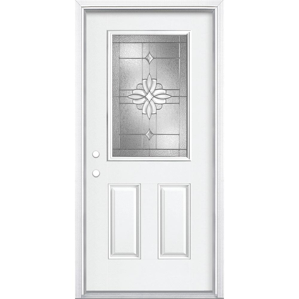 Masonite 997072 Laurel 36-in x 80-in Fiberglass Half Lite Right-Hand Inswing Modern White Painted Single Front Door with Brickmould Insulating Core