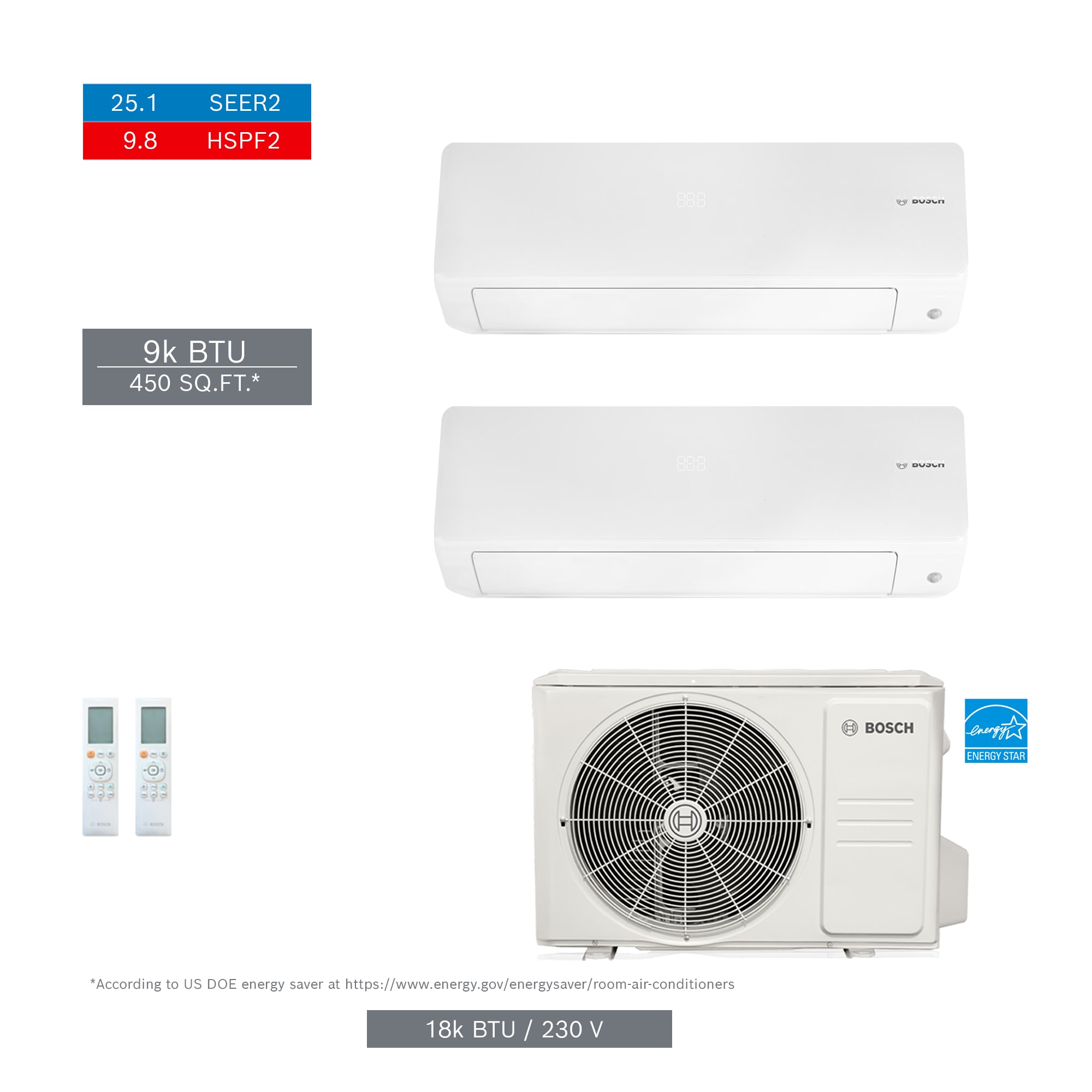 Bosch 8733980481 Climate 5000 Pro Pack Dual Zone 18000-BTU 25.1 SEER Ductless Mini Split Air Conditioner Heat Pump Included with 230-Volt