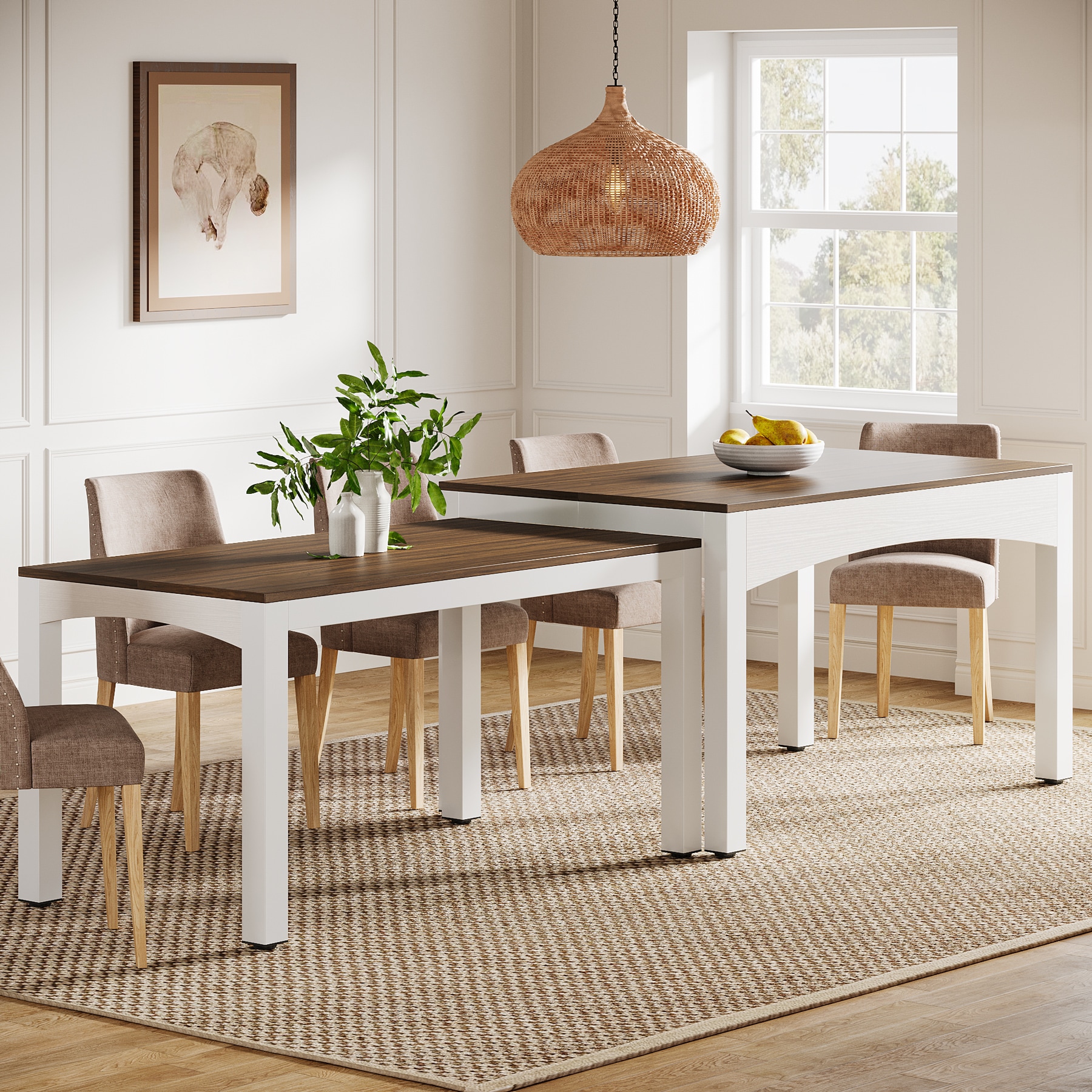 Fnova LWTJ-RY0128 Walnut and White Farmhouse Extending Dining Table, MDF with Wood finish Wood 94.48-in L x 30.91-in H