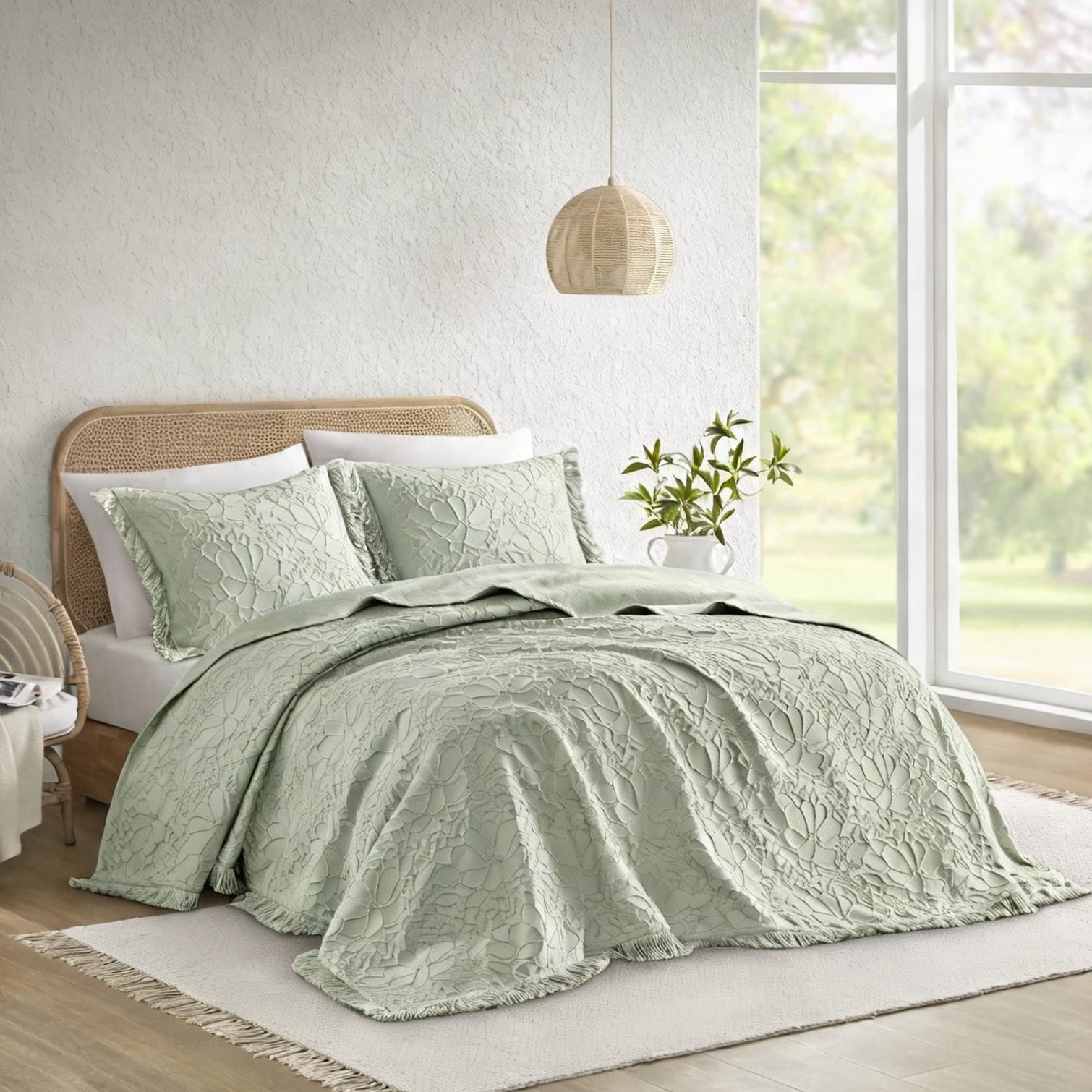 Watnature Oversized King Bedspread Set in Classic Green 3-Piece Lightweight Chenille