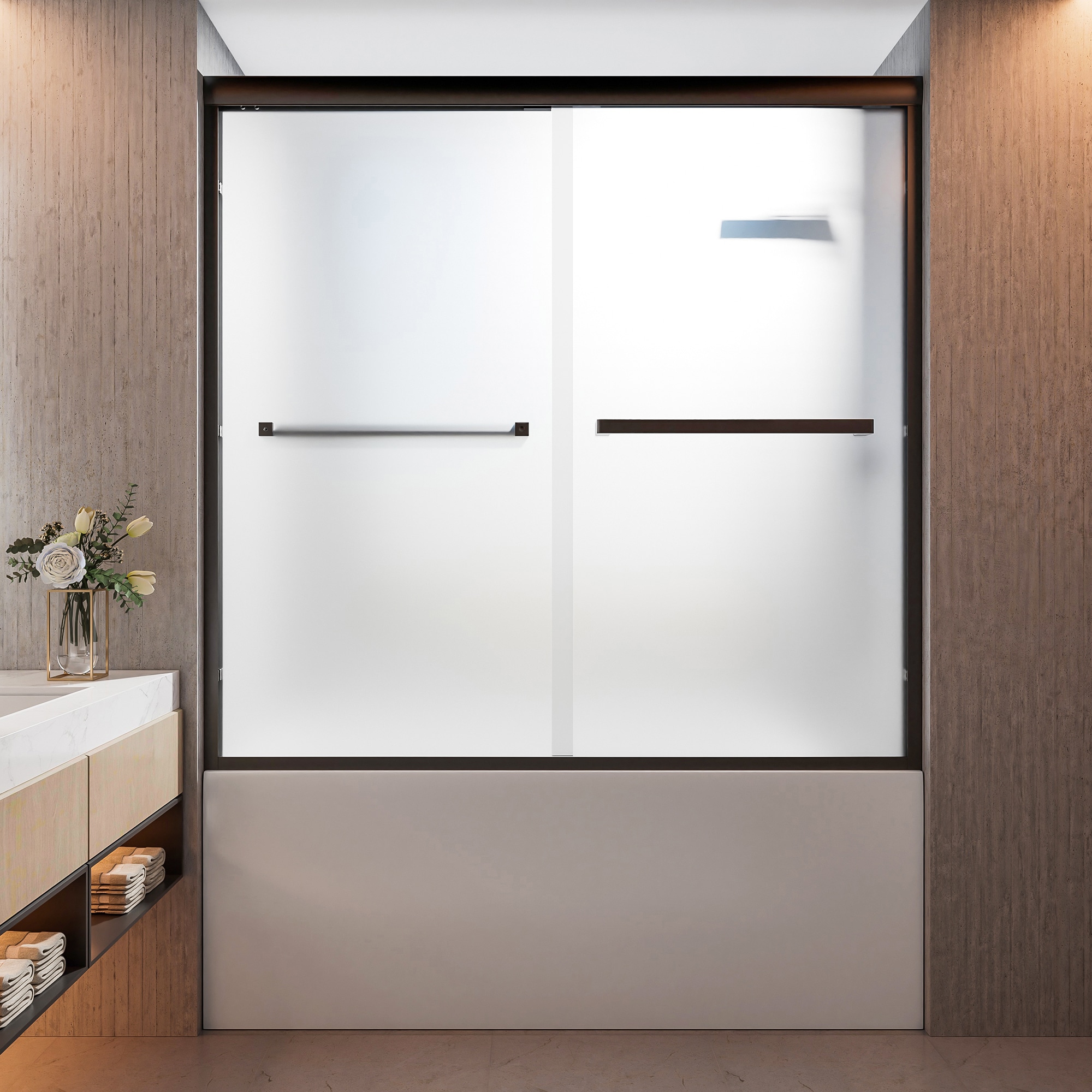 GLANZEND  56 to 60 in W x 58 in H Framed Clear Tempered Glass Double Sliding Reversible Shower Door Black Water Resistant Seal Comfort Handle designed for practical bathroom upgrades