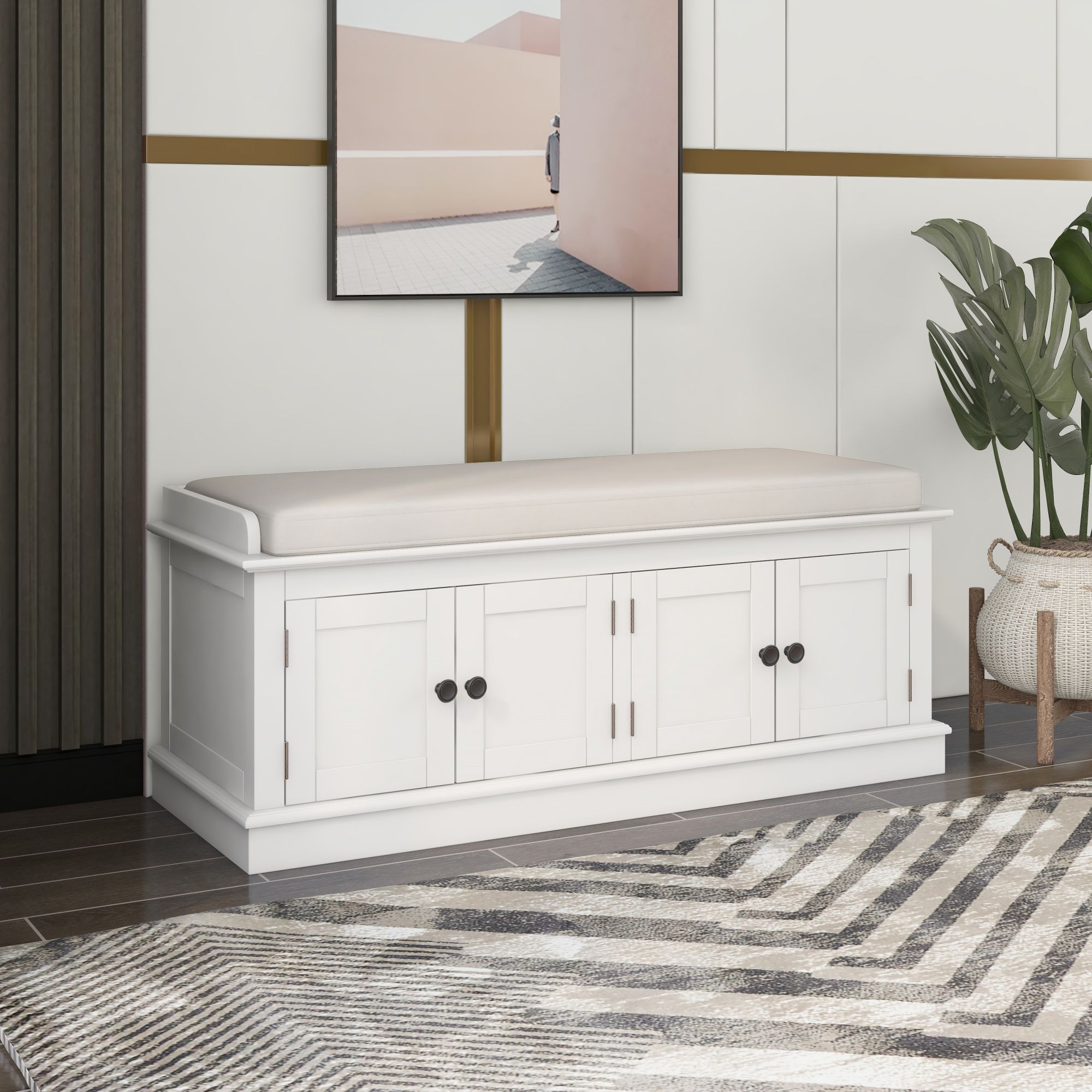 ModernLuxe WF284227AAK Storage Bench with 4 Doors and Adjustable Shelves Shoe Bench with Removable Cushion for Living Room Entryway White