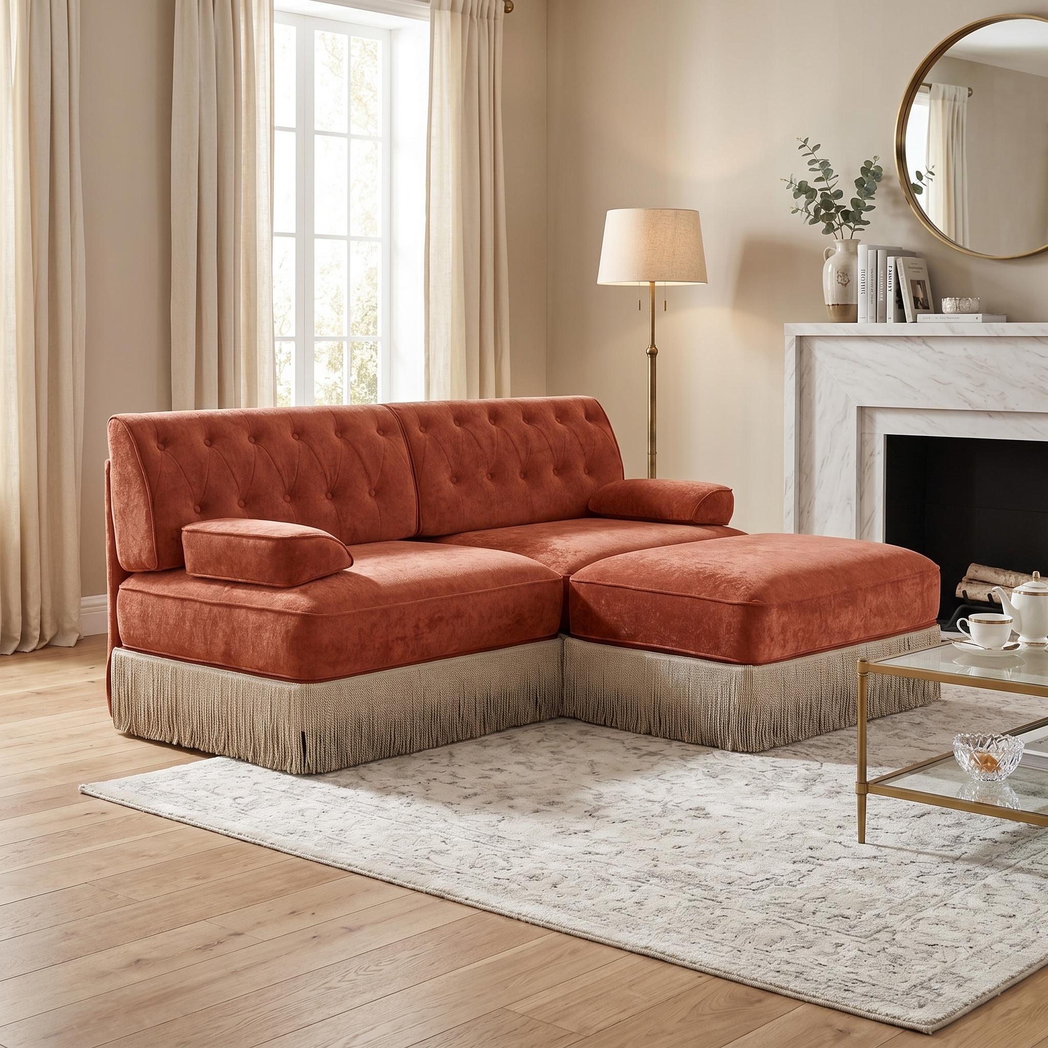 Homy Casa - TASSEL 76-in W L-Shaped Velvet Chesterfield Sofa 2-Seater Modular Design with 1 Ottom...
