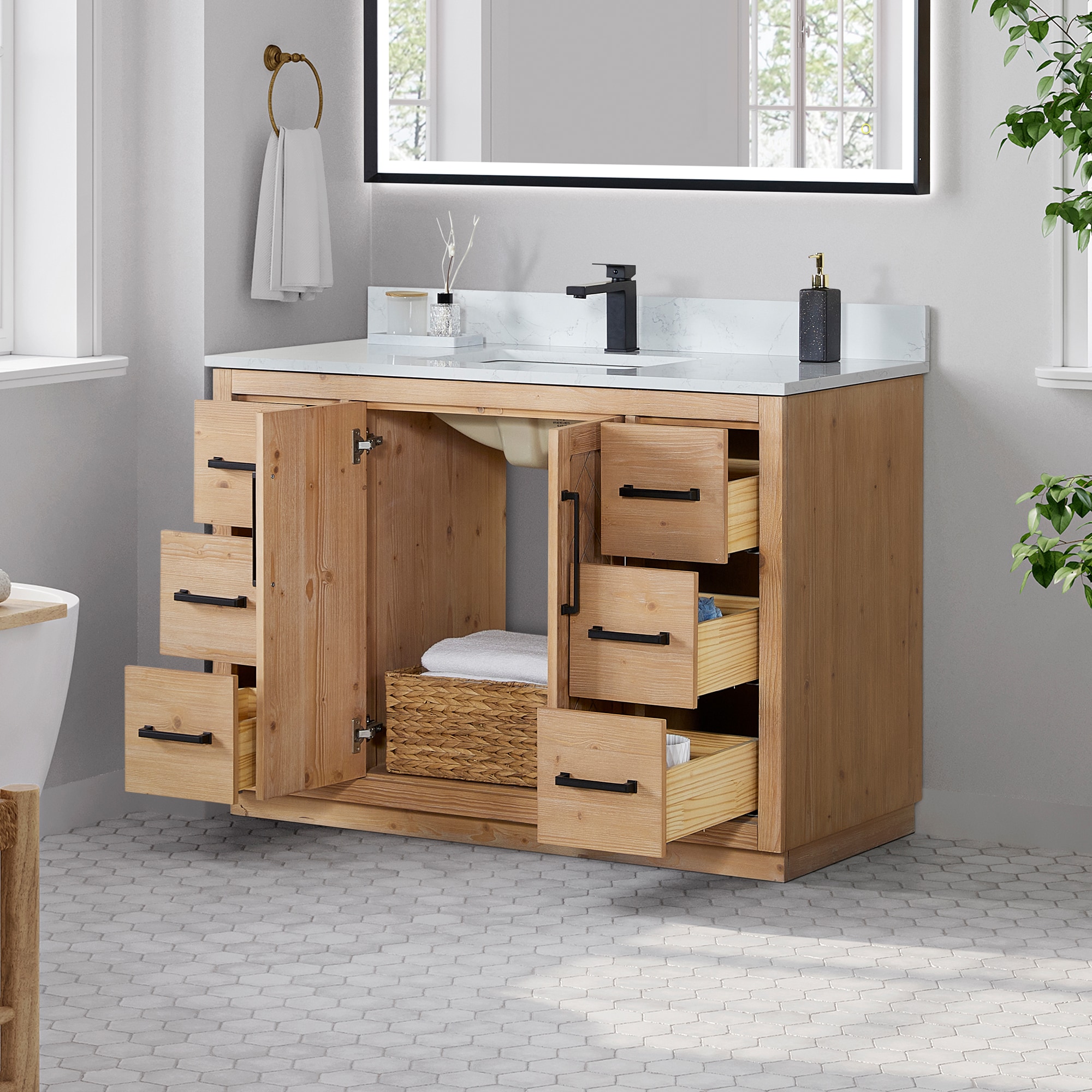 Anais Light Brown Wood Bathroom Vanity with White Stone Countertop, 48 inch