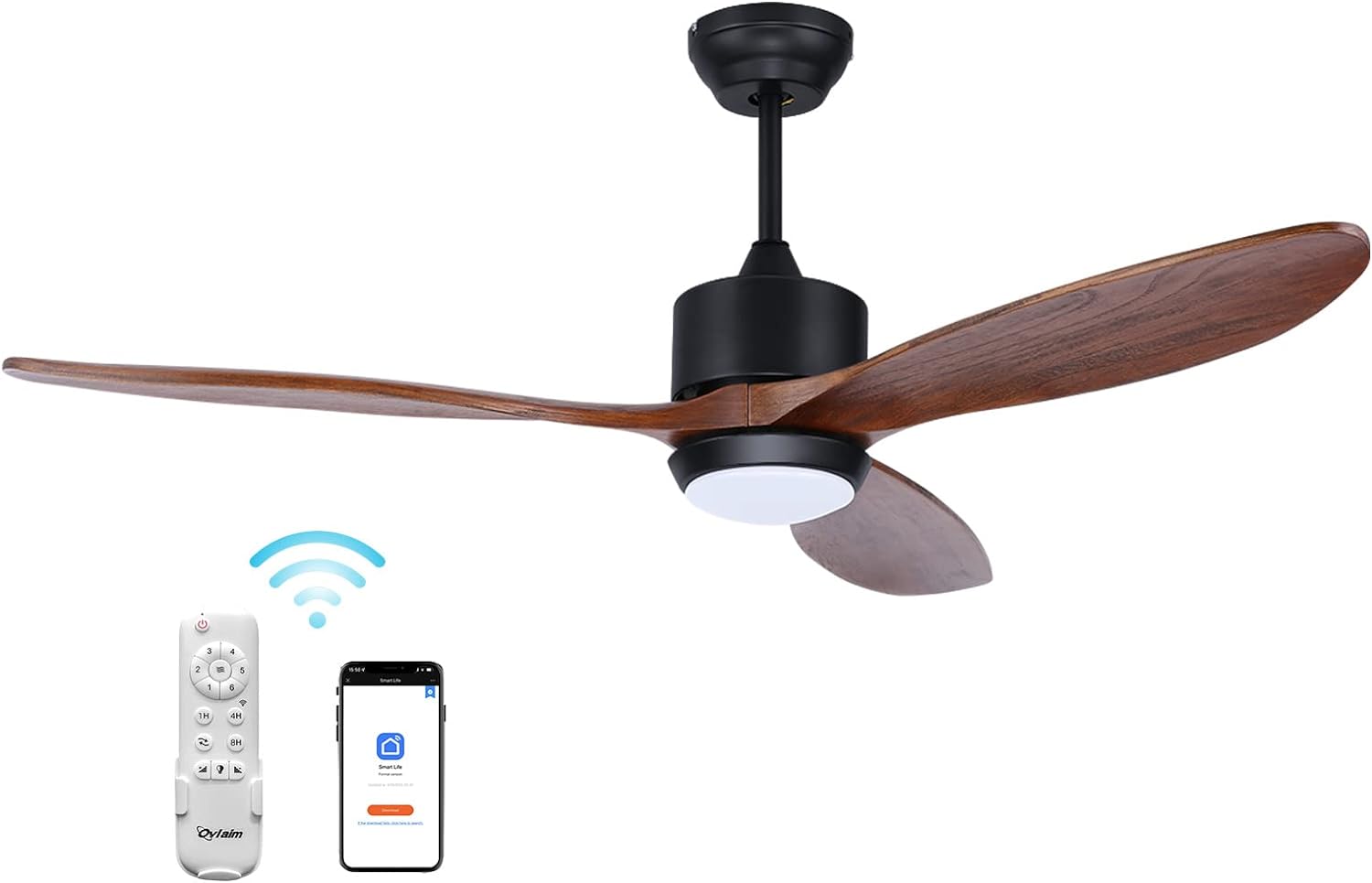 Yardreeze WCEF01347 60-in Color-Changing Smart Black with Walnut Wood Blades Ceiling Fan With Light - Remote Included ( 3 -Blade )